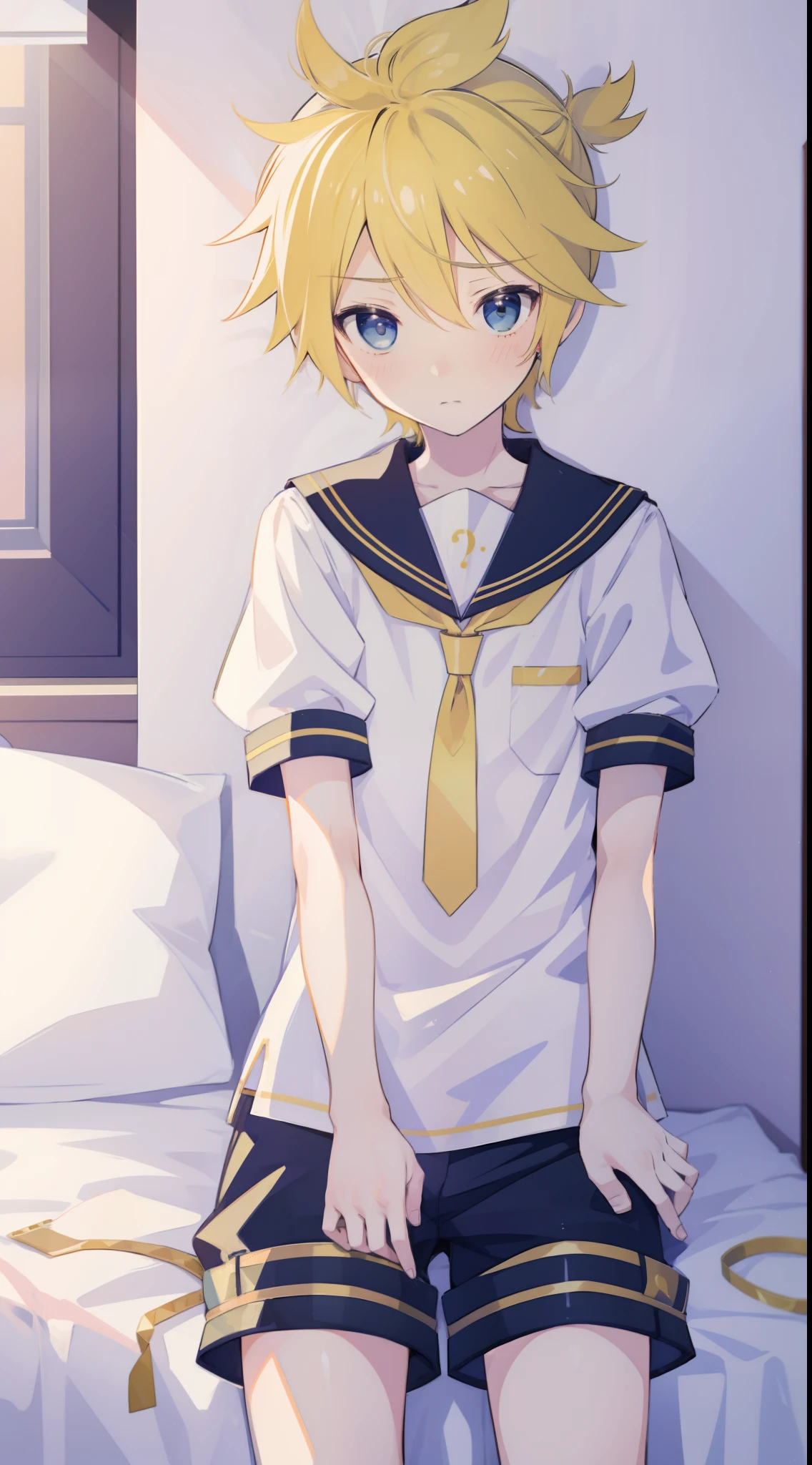 one boy, Len_Kagamine, sailor uniform, short pants, cowboy shot, outside, on bed, embarrassed