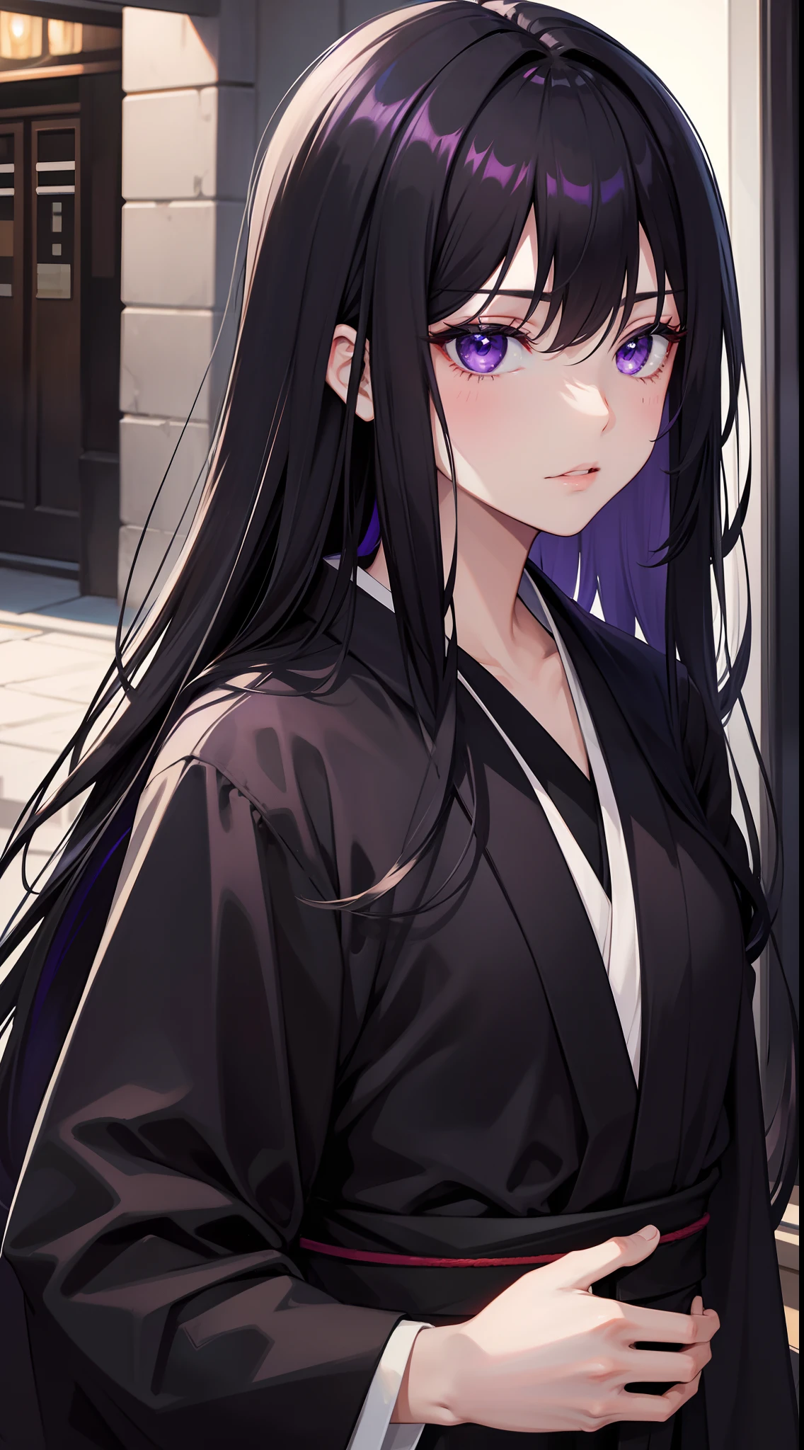adult man, Long black hair, violet eyes, Thin, black kimono, Masterpiece, hiquality