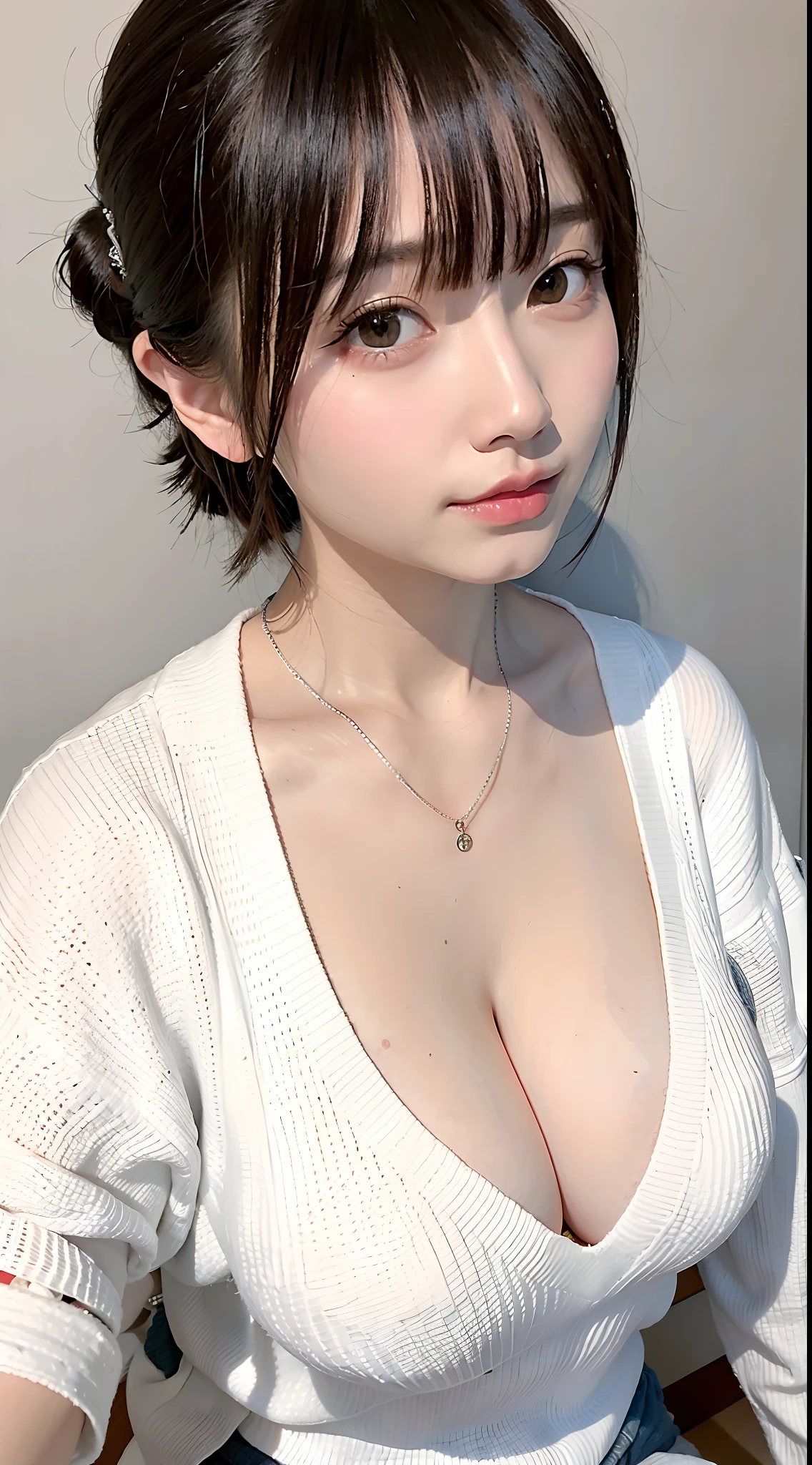 (top-quality、8K、32K、masterpiece、nffsw:1.2)、Photo of a cute Japanese woman、Colossal tits:1.4、very short bobbed hair、The upper part of the body、sface focus、Oversized_Sweaters、a necklace、simple background、From above、looking at the viewers、cleavage of the breast:1.3、Balanced body、Moderate flesh