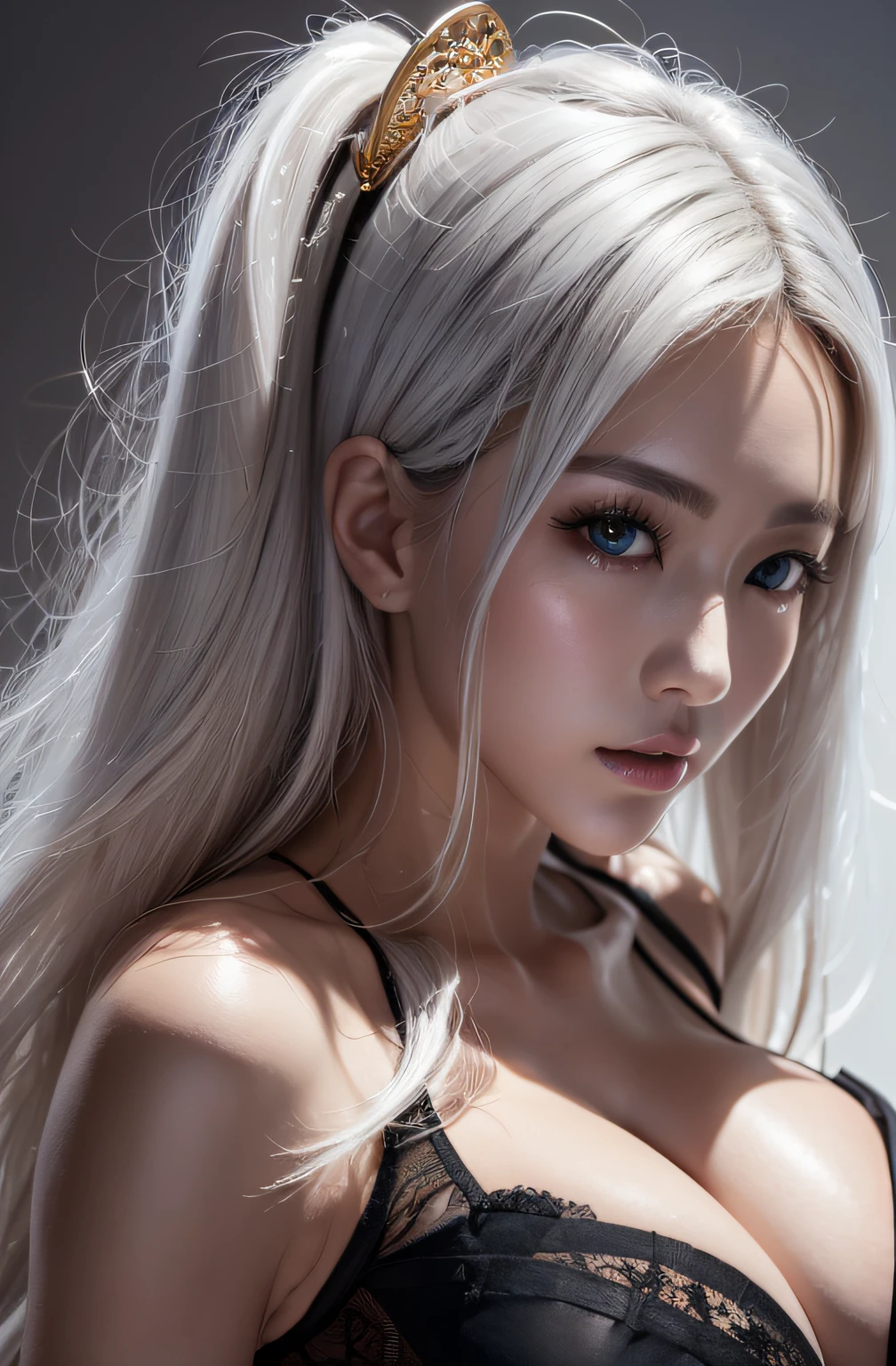 top-quality、8K masterpiece、超A high resolution、(Photorealsitic:1.3)、RAW photo、1 rapariga、silvery white hair、glowy skin、1 Cyberpunk Super Sailor、((Super realistic details))、porate、globalillumination、black shadows、octan render、8K、ultrasharp、beauty breast、Raw skin is exposed in cleavage、metals、cool colours、、highly intricate detail、Realistic light、CGSoation trends、Beautiful eyes、Radiant eyes、Facing the camera、neon light detail、