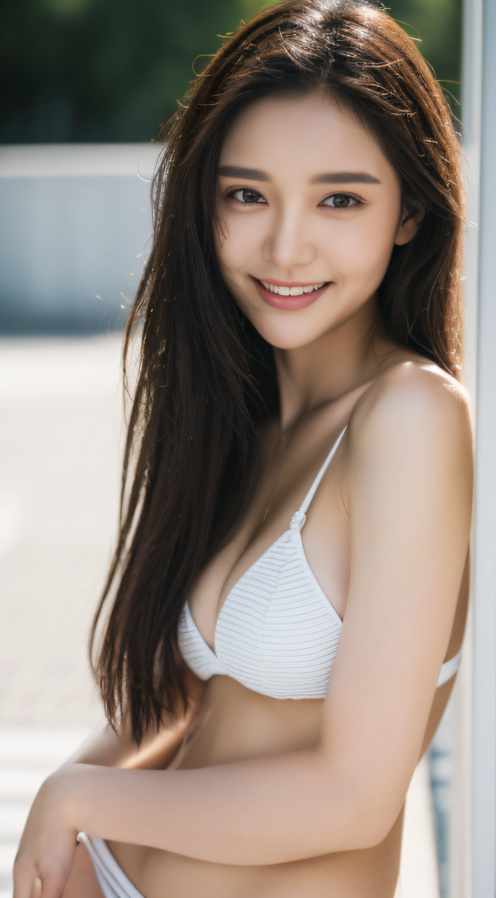 ((Top Quality, 8k, Masterpiece: 1.3)), Sharp Focus: 1.2, Pretty Girl with Perfect Figure: 1.4, Slender Abs: 1.2, ((Dark Brown Hair, Huge Breasts: 1.4)), Swimsuit, Wet, Wearing a Bikini, (Street, Natural Light: 1.1), Pool: 1.2, Highly Detailed Face and Skin Texture, Detailed Eyes, Double Eyelids, Constricted Waist, Flowing Hair 、full body:1, (slim legs:1.1), beautiful legs, very detailed mouth, smile