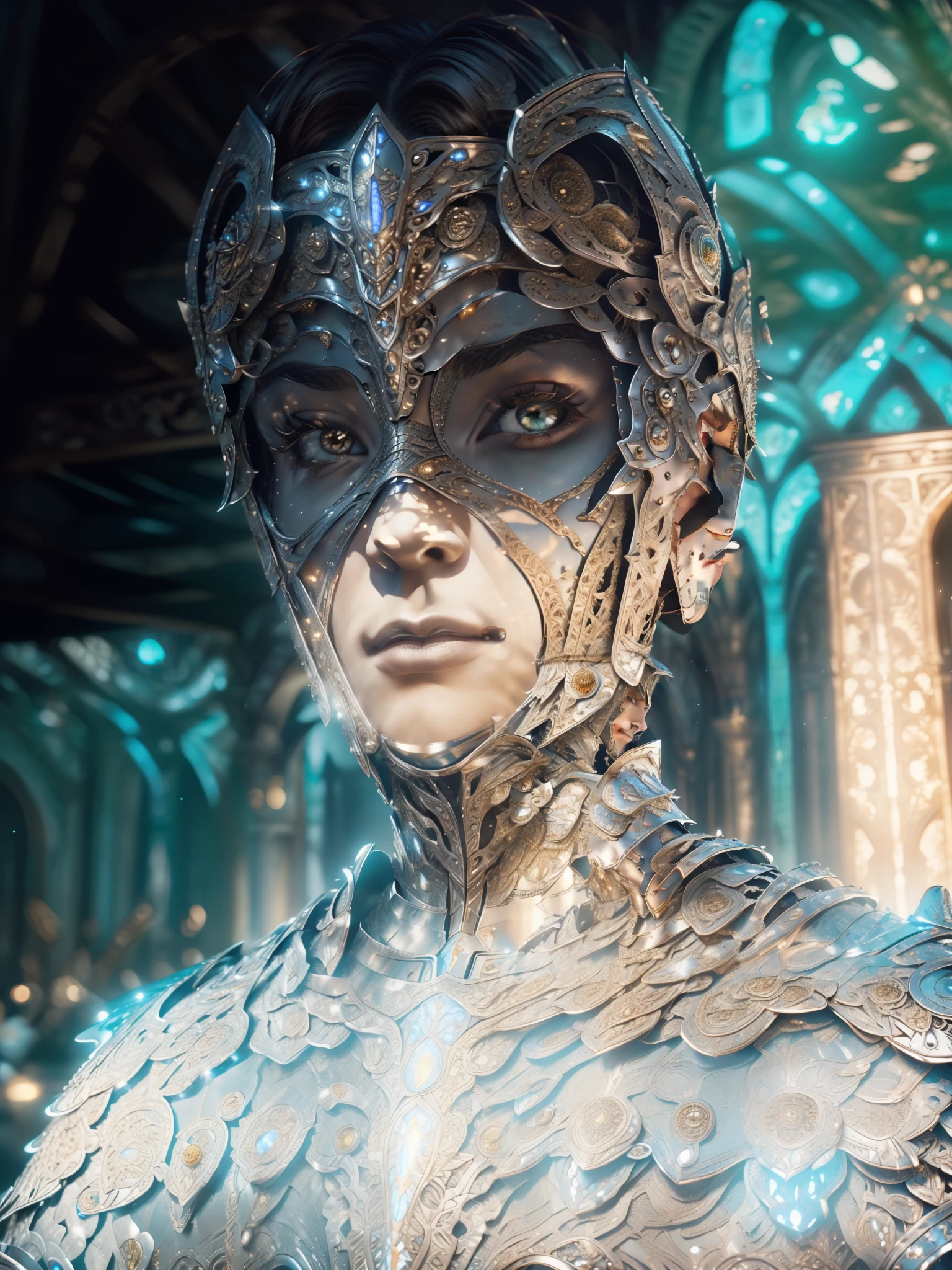 (Masterpiece, Best quality),(extremly intricate:1.3), (Realistic), 1boys, 18yr old, Caucasians, Perfect eyes, Perfect iris, perfect pupils, Perfect lips,Perfect nose, Black hair,, (Medieval armor), metallic reflective, (((Silver armor))), Outdoors, far away castle, (Ornately decorated armor), (insanely details, full bloom:1.5), chainmail, Strong sunshine, Professional photograph of a stunning man detailed, Sharp focus, Award-Awarded, Cinematic lighting, The background is blurred out, Upper body, ((self-assured)), (Pose:Looking at the camera)