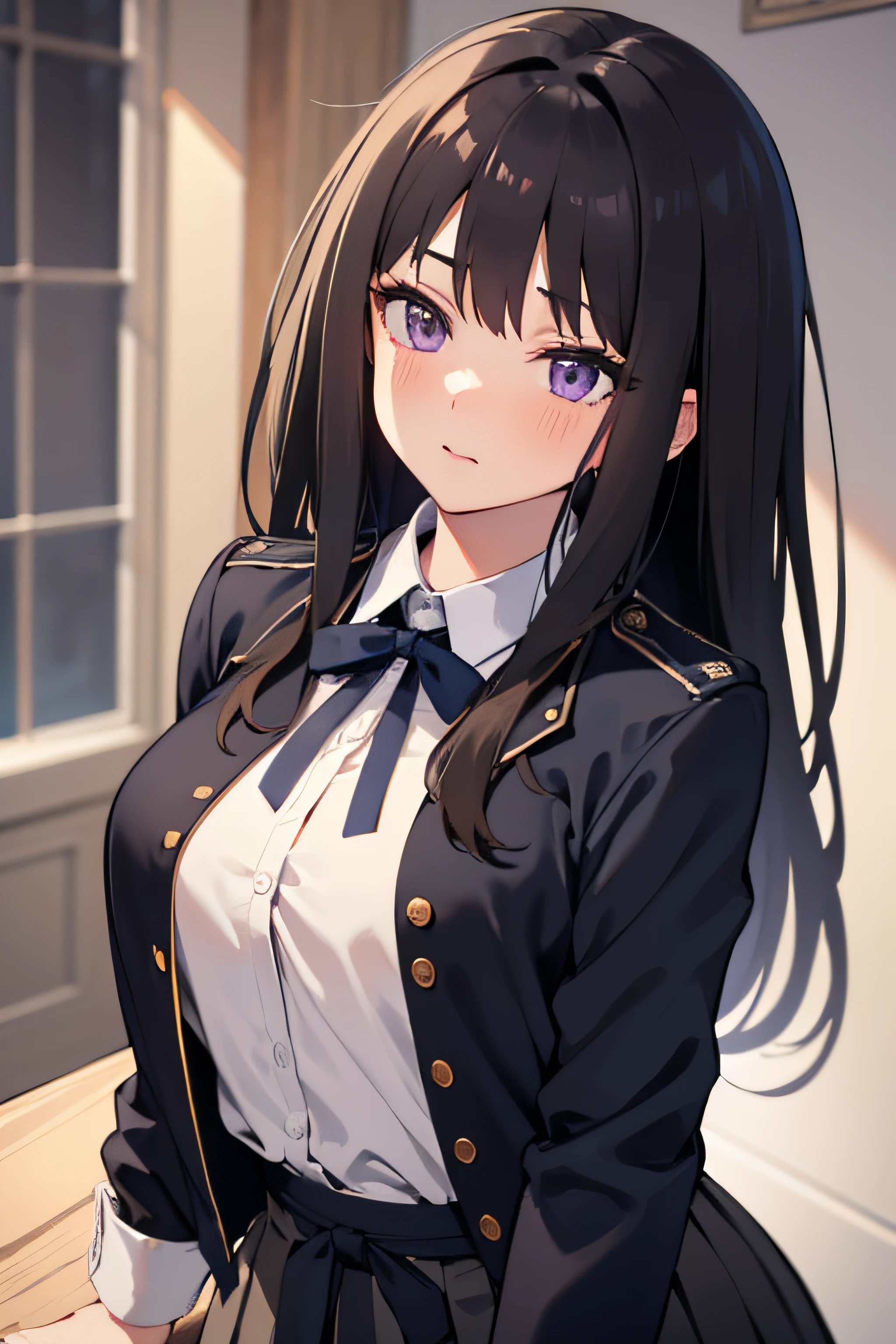 (masterpiece, best quality, highres, UHD, perfect pixel), Inoue Takina, Long hair, Bangs, Black hair, (Purple eyes:1.2), medium breasts, dynamic pose, busty, perfect body, (erotic pose, POV), embrassed, blushing, white shirt, long sleeve, dress, collared shirt, neck ribbon, school uniform, suit, japanese clothes, black skirt, black jacket