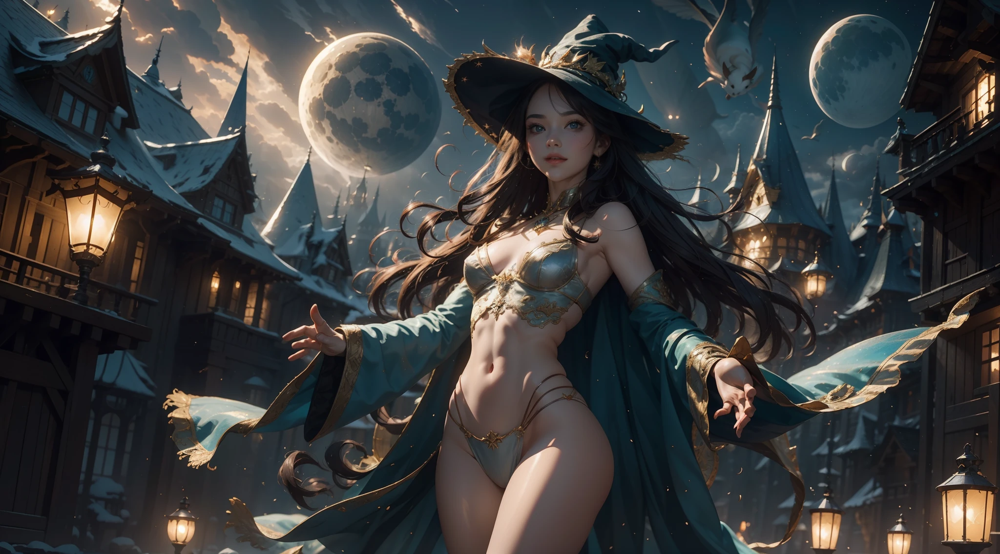masterpiece, best quality, ultra-detailed, illustration, 1girl, solo, fantasy, dressed only in underwear, flying, broom, night sky, outdoors, magic, spells, moon, stars, clouds, wind, hair, cape, hat, broomstick, glowing, mysterious, pervert, exhibitionist, playful, adventurous, freedom, wonder, imagination, speed, movement, energy, realism, naturalistic, figurative, representational, beauty, fantasy culture, mythology, fairy tales, folklore, legends, witches, wizards, magical creatures, fantasy worlds, composition, scale, foreground, middle ground, background, perspective, light, color, texture, detail, beauty, skimpy clothes, lacy lingerie, looking at the camera, seductive smile
