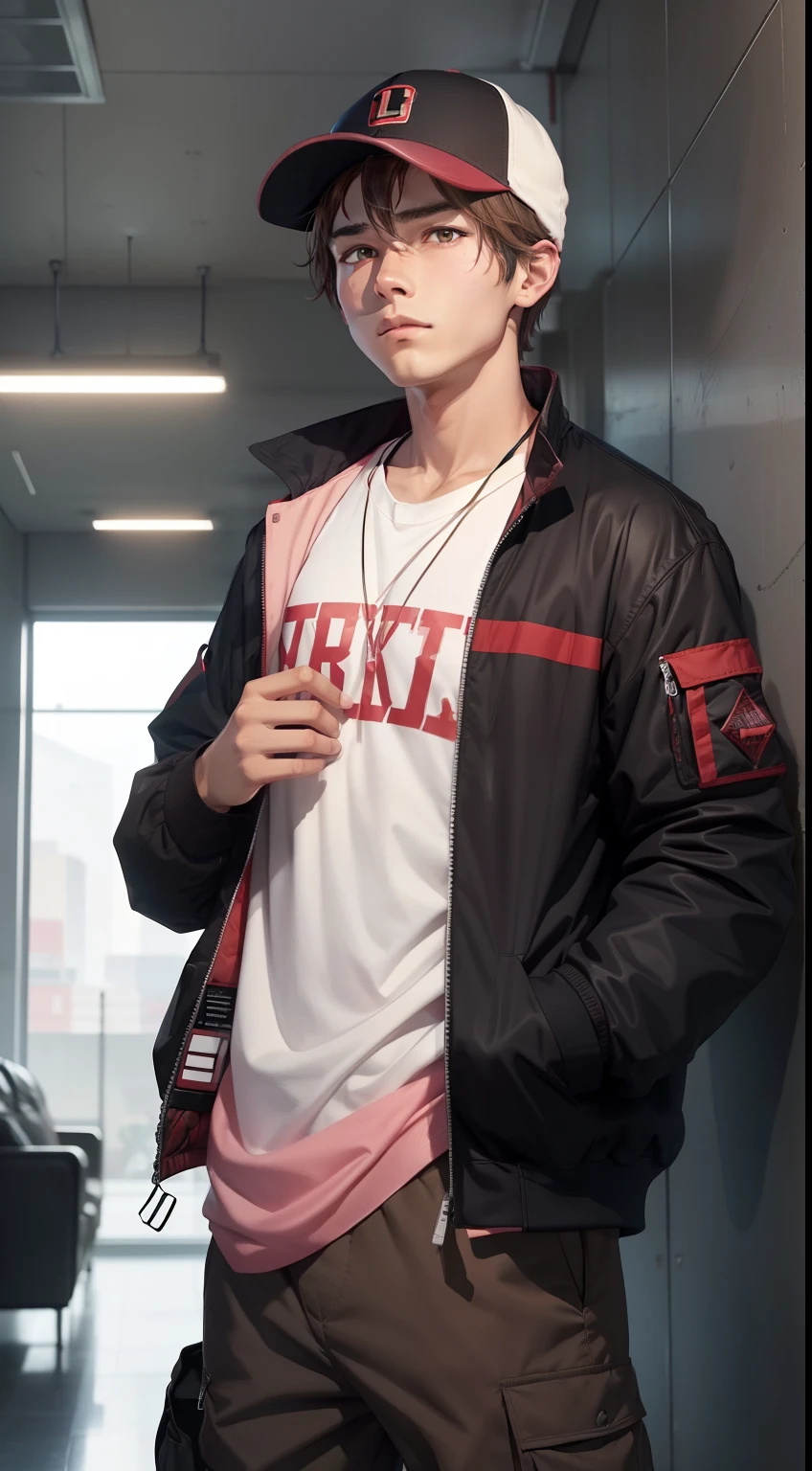 1boy, , light pink skin colour, brown hair, brown eye colour, black jacket with red strip line, grey cargo pants, black smartwatch, black red and white baseball cap, anime style ((masterpiece)) 4k