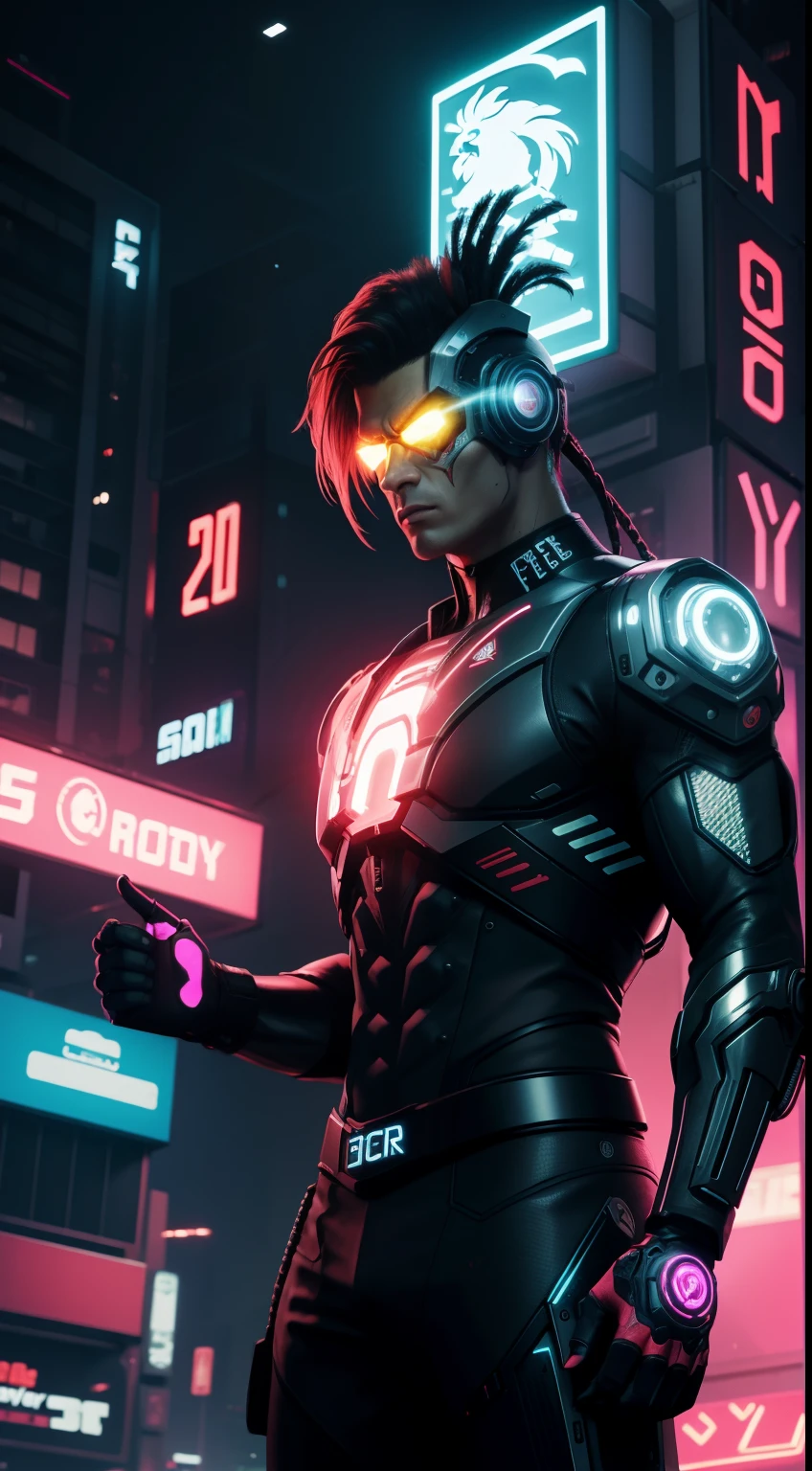 cyborg, rooster-face, cyber-city-background, neon-light, cool