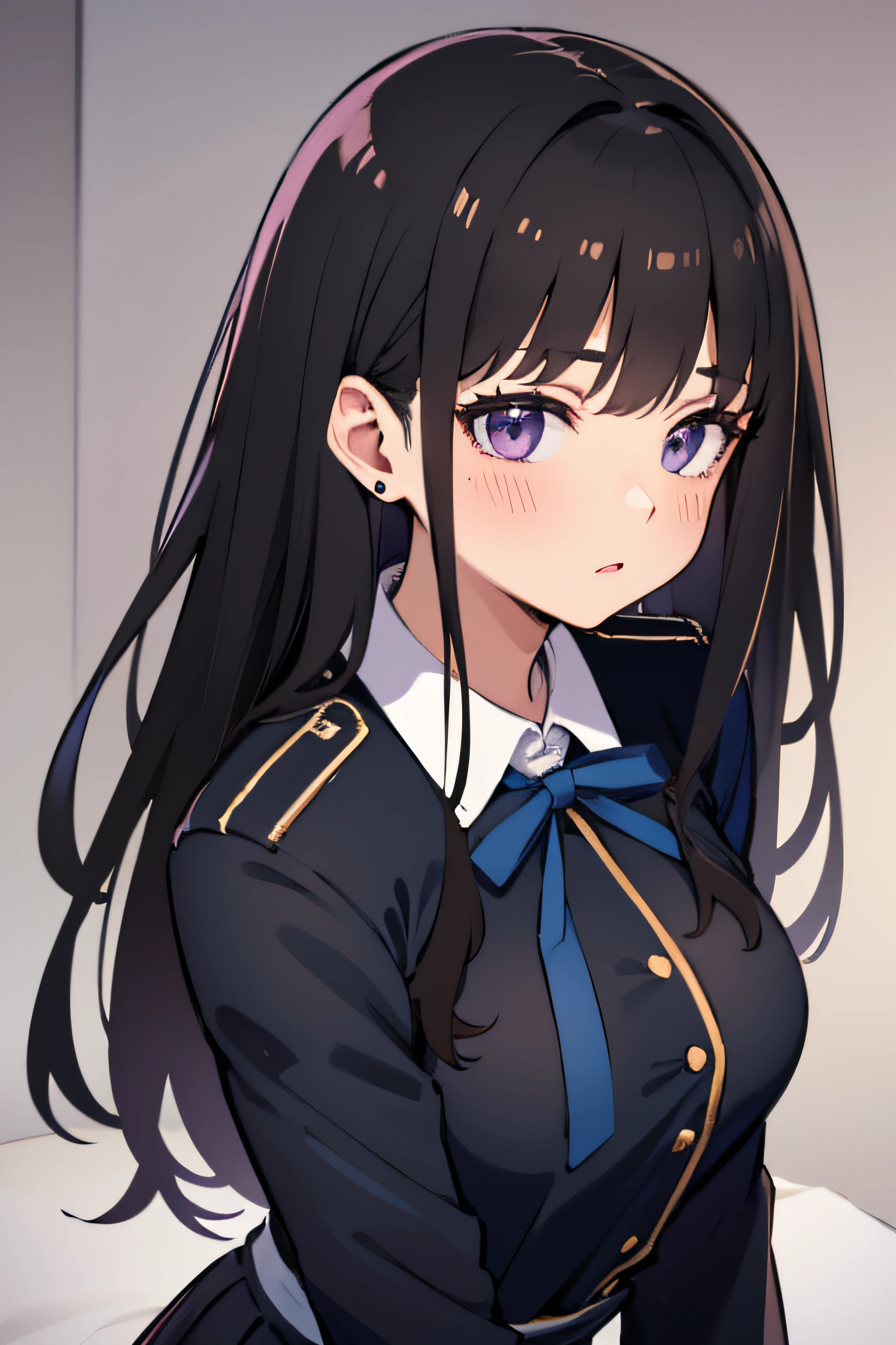 (masterpiece, best quality, highres, UHD, perfect pixel), Inoue Takina, Long hair, Bangs, Black hair, (Purple eyes:1.2), medium breasts, dynamic pose, busty, perfect body, (erotic pose, POV), embrassed, blushing, white shirt, long sleeve, dress, collared shirt, neck ribbon, school uniform, suit, japanese clothes, black skirt, black jacket