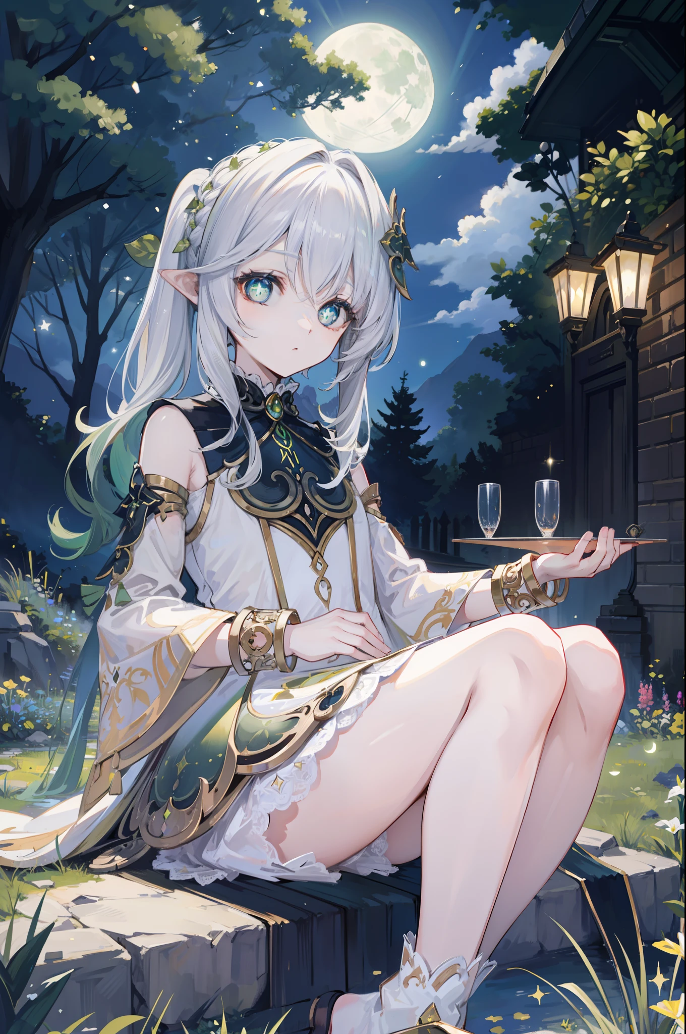 Royal sister style，Erlang legs，lawns，rays of moonlight，Sat down，haughty，ellegance，Cross-eyed，Star Eyes，No artifacts，the night，themoon，movie picture quality，Movie lighting，NOWAI，starrysky