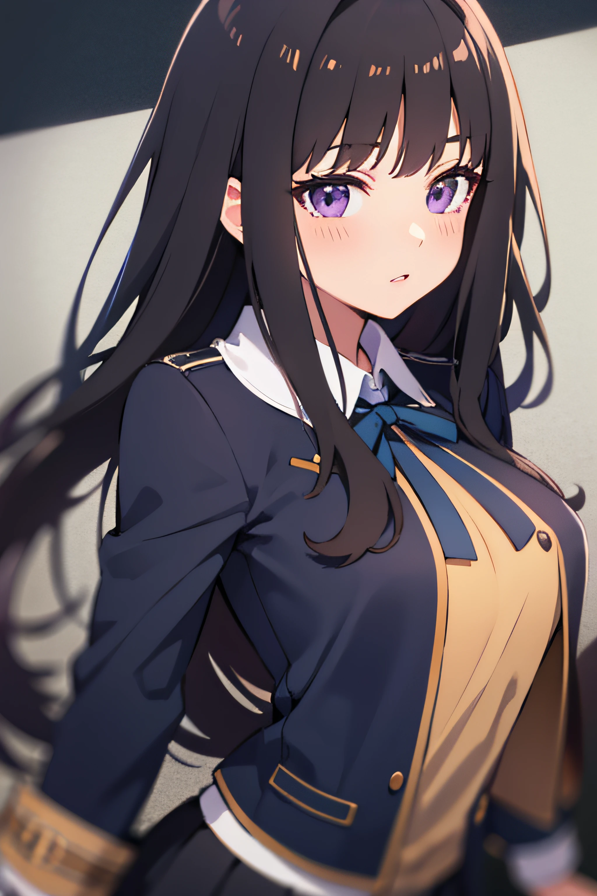 (masterpiece, best quality, highres, UHD, perfect pixel), Inoue Takina, Long hair, Bangs, Black hair, (Purple eyes:1.2), medium breasts, school class, dynamic pose, busty, perfect body, (erotic pose, POV), embrassed, blushing, white shirt, long sleeve, dress, collared shirt, neck ribbon, school uniform, suit, japanese clothes, black skirt, black jacket