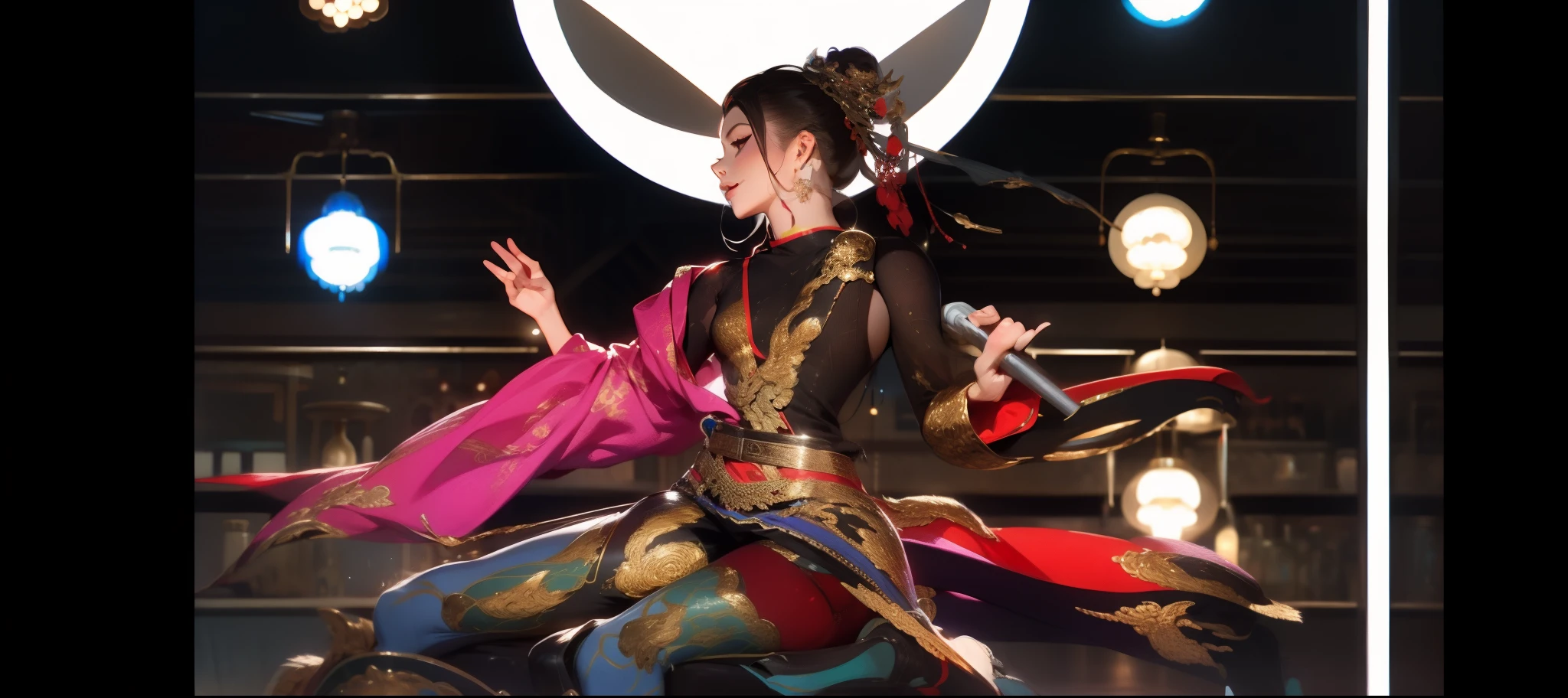 Masterpiece, High detail, High quality, Beauty high legs, Mesh stockings, The boots smiled beautifully, There is a Chinese dragon in the background