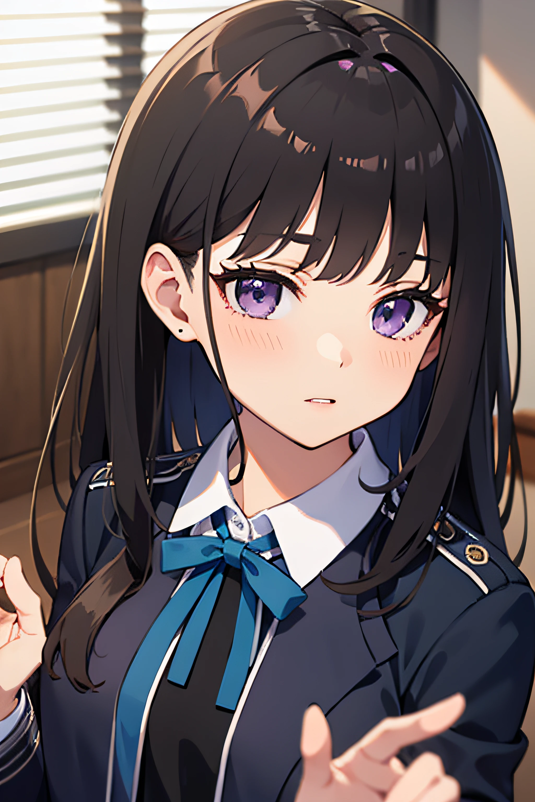 (masterpiece, best quality, highres, UHD, perfect pixel), Inoue Takina, Long hair, Bangs, Black hair, (Purple eyes:1.2), medium breasts, school class, indoor, dynamic pose, busty, perfect body, POV, close up, blushing, white shirt, long sleeve, dress, collared shirt, neck ribbon, school uniform, suit, japanese clothes, black skirt, black jacket, natural light