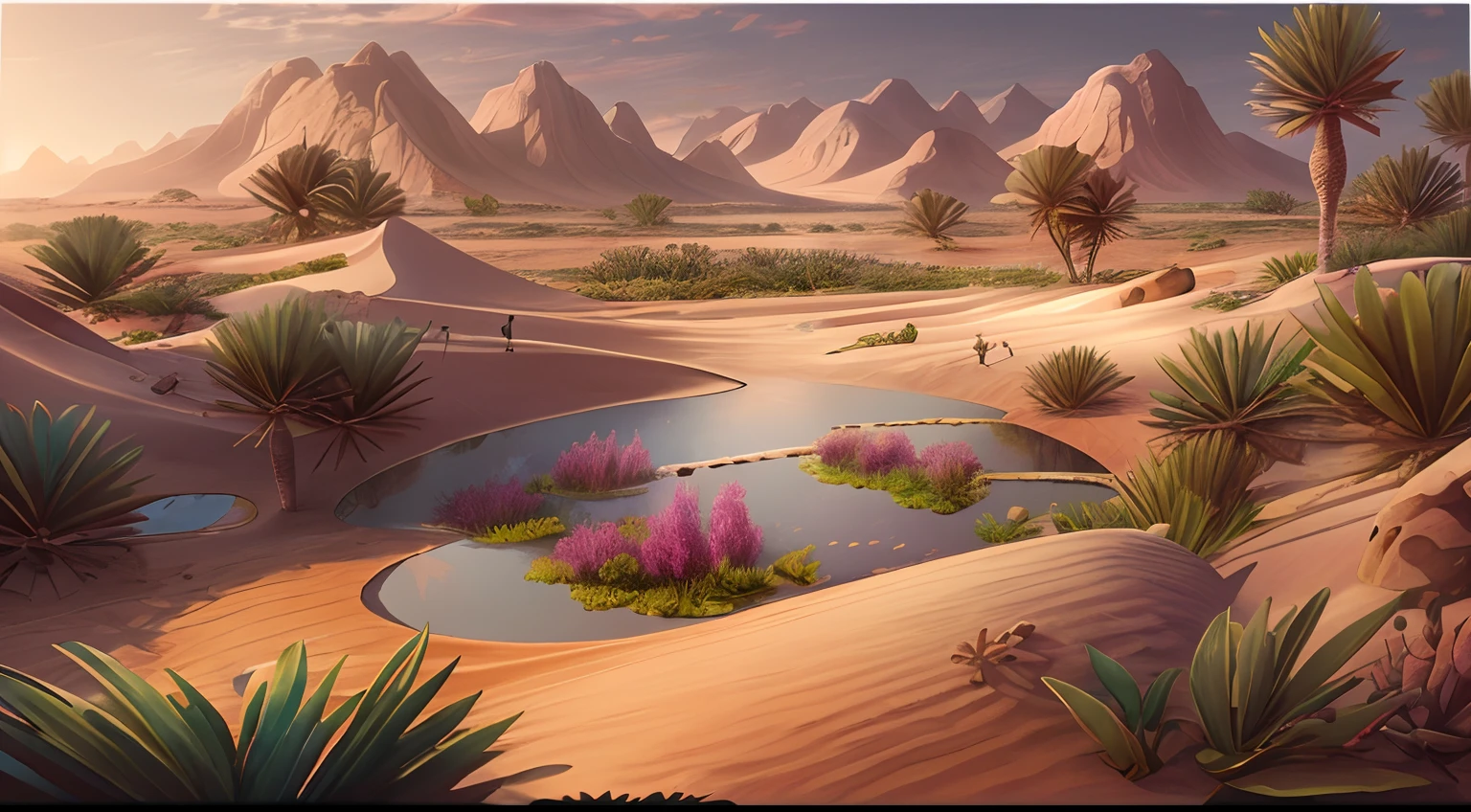 super wide shot，Vast desert，A legendary desert oasis，Sunset，Heart-shaped lake，(zoomout:1.2)，(Greenery:1.2)，The fountain，Fantasy mirage，Surrealist landscape style，national geographicphoto，Hasselblad high detail，cinmatic lighting，reflective light，atmosphric perspective，in a panoramic view，f / 4.0，Nikon，hyper HD，Hyper-detailing，best qualtiy，8K，Fantastic design, Best quality, Very detailed, Masterpiece, movie light effect, 8K，epic fantasy digital art，Epic fantasy art style, high definition resolution，Detailed detail drawing，Photorealistic，Super realistic