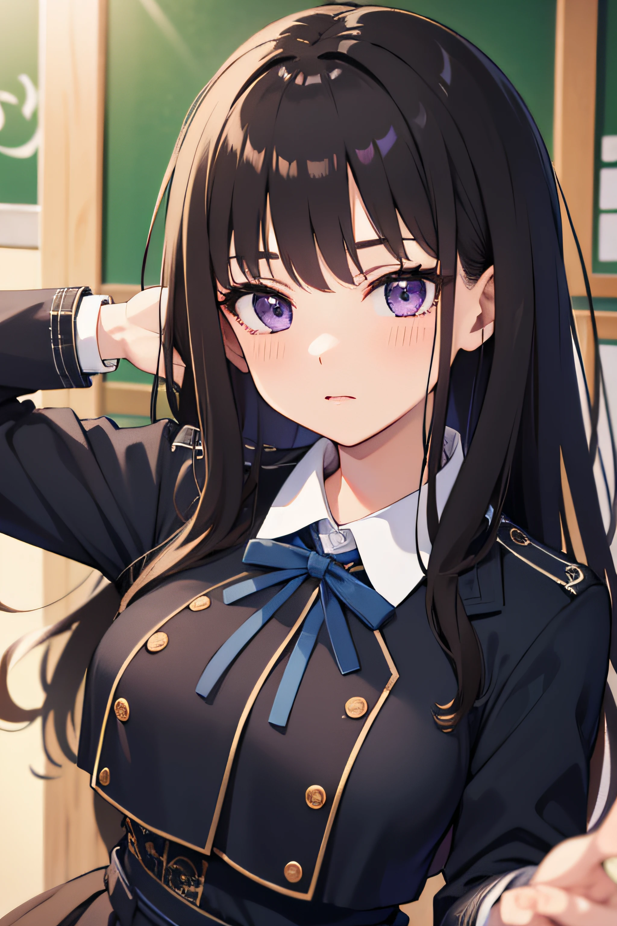 (masterpiece, best quality, highres, UHD, perfect pixel), Inoue Takina, Long hair, Bangs, Black hair, (Purple eyes:1.2), medium breasts, school class, indoor, dynamic pose, busty, perfect body, POV, close up, blushing, white shirt, long sleeve, dress, collared shirt, neck ribbon, school uniform, suit, japanese clothes, black skirt, black jacket, natural light