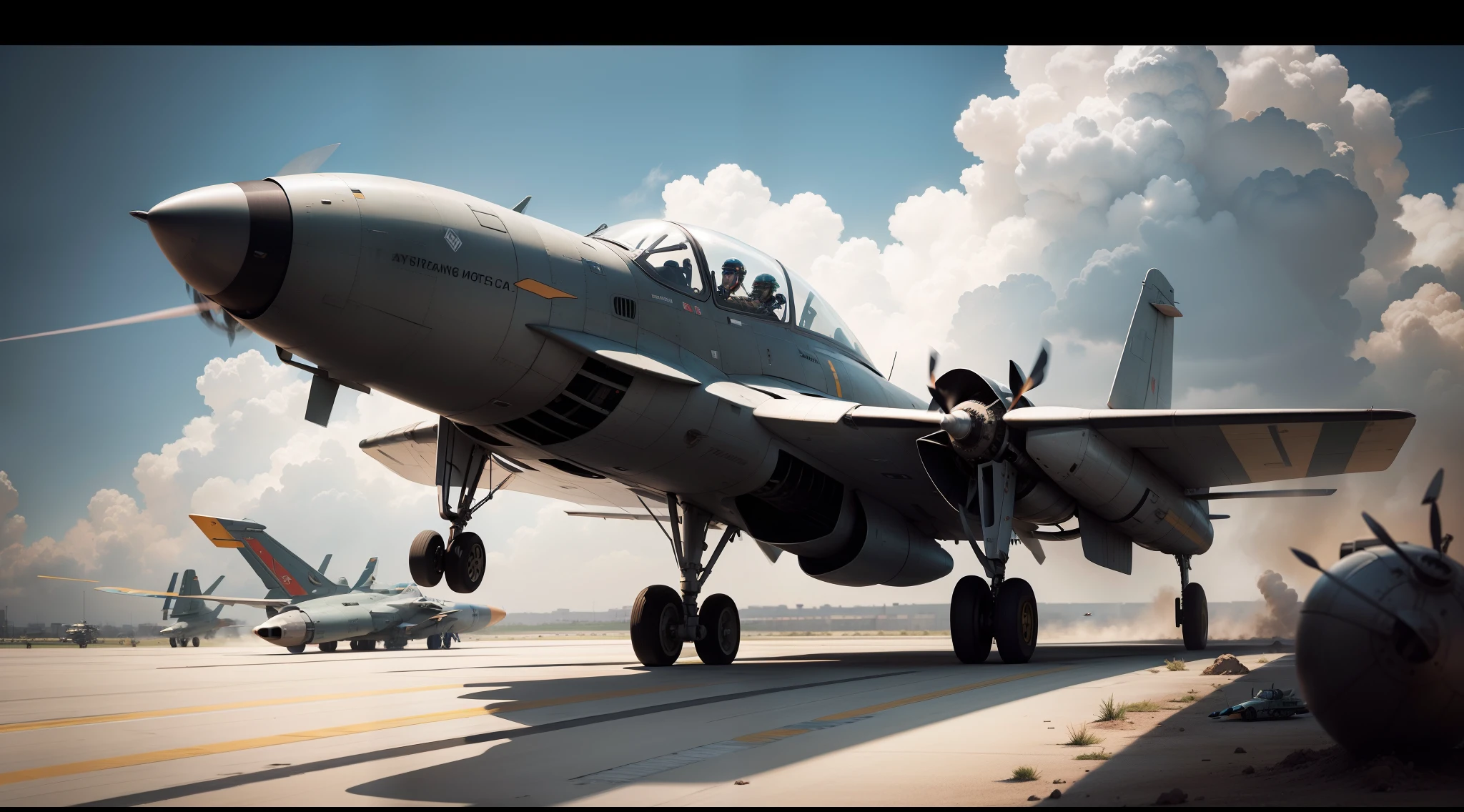 Medium shot,Complete character backgrounds and large flying machines to face,The pilot holds a combat helmet in his hand on the tarmac,Sci-fi livery,High-tech weapons of war,Full of hope,epic sense,Real shooting,Strong realism