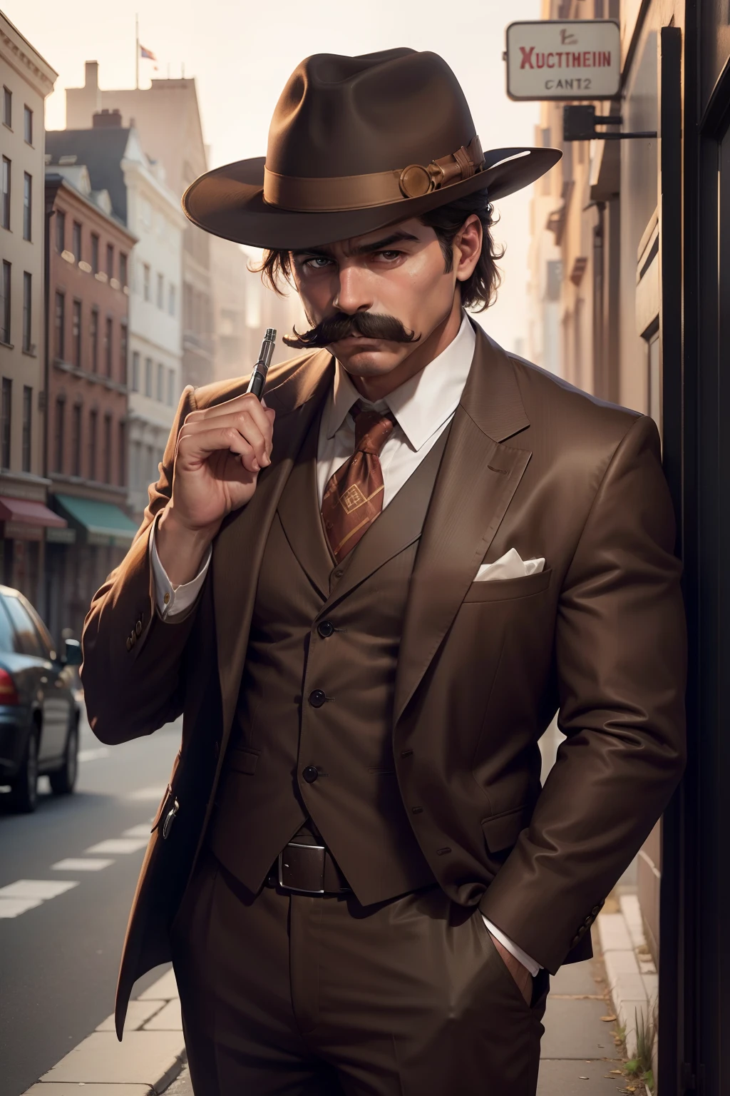 youg detective with a mustache and brown suit and fedora