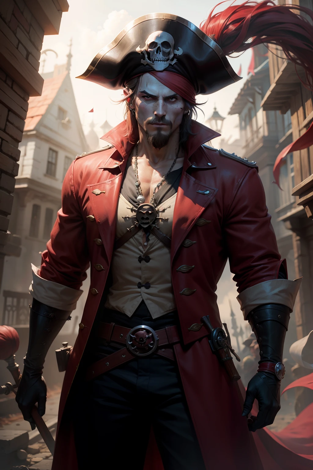 Very detailed CG unified 8k wallpaper, very precise detailed, very fine 8KCG wallpapers,delicate glow, realistic, Stereoscopic feeling,Authentic and detailed face,beautiful detailed Glass hair,What is drawn is、I'm a pirate man。He was dressed in a leather coat.、Its lining is red。Wearing leather pants、On his head he wears a hat with a skull design。He stood on the ship,、The whole body is tattooed。The walking posture is full of confidence.、There are traces of fresh blood on the cheeks.、I have a victorious smile on my face。Behind him rose flames and smoke、A sinking ship is depicted
