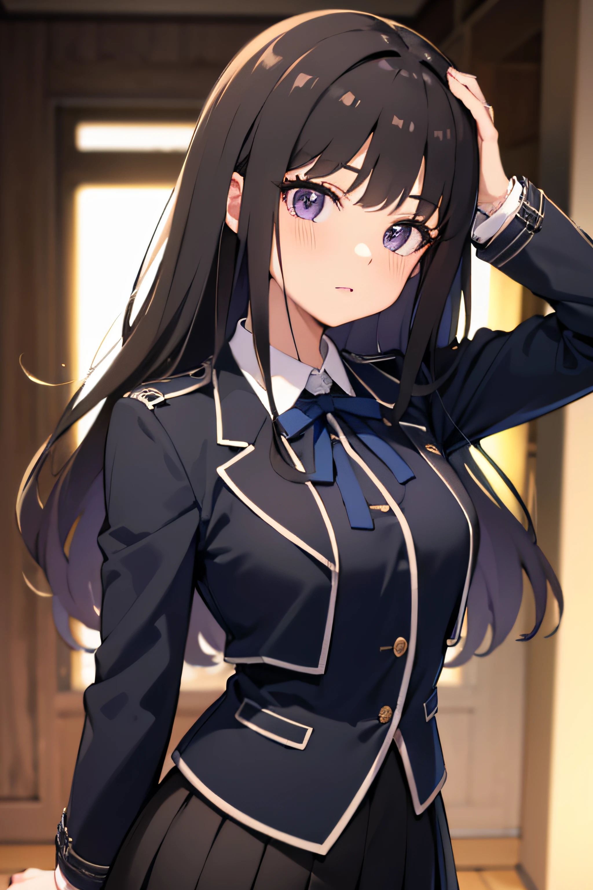 (masterpiece, best quality, highres, UHD, perfect pixel), Inoue Takina, Long hair, Bangs, Black hair, (Purple eyes:1.2), medium breasts, school class, indoor, dynamic pose, busty, perfect body, POV, blushing, white shirt, long sleeve, black dress, collared shirt, school uniform, formal suit, japanese clothes, black skirt, black jacket, natural light