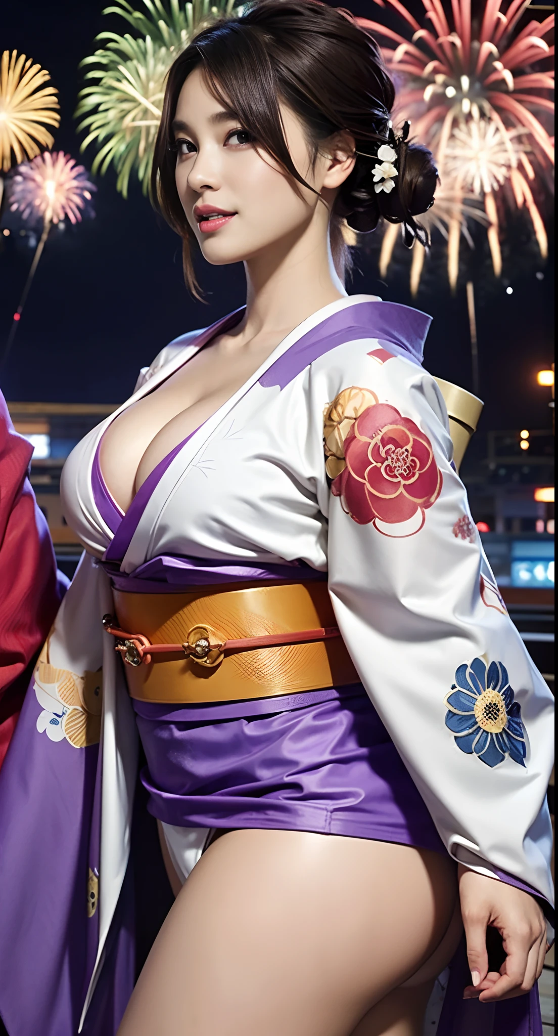 in 8K、超A high resolution、Best Quality、masutepiece (Large breasts、gargantuan butt、Toned body:1.7)(Long purple kimono with fireworks pattern:1.4)(Summer Festivals:1.3) (Brown-haired chignon:1.2)Big eyes smiling happily、Distinct double eyelids、Lashes、Highlights in the eyes、Light brown eyes、Pinclip Gloss、piercings(White band、Red garland clogs:1.25)(Kimono comes off、cleavage of the breast:1.4)