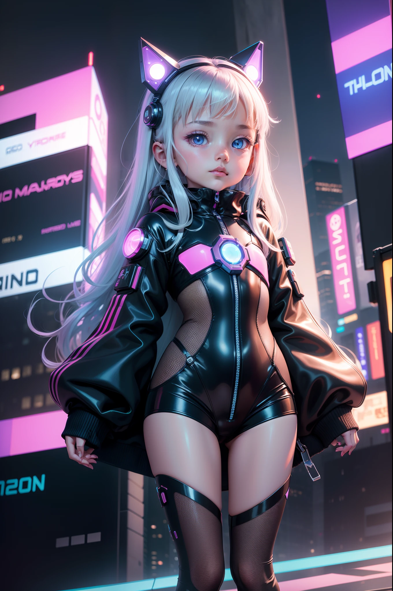 Cybernetic Innocence: Projected Amidst a Futuristic Cityscape, a Holographic Image of a Beautiful Child Materializes. Surrounded by Glistening Towers, Neon Lights, and Holographic Billboards, This Visionary Artwork Harmonizes Tomorrow's Promise with Timeless Wonder. Electric Blues, Neon Pinks, and Metallic Silvers Playfully Merge, Crafting a Palette that Captivates the Imagination and Unveils the Boundless Potential of the Future