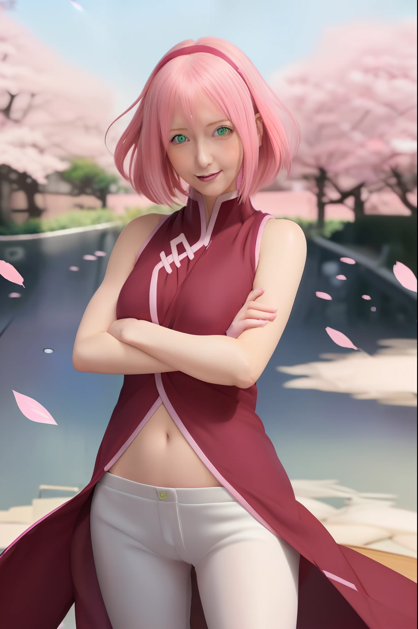 1girl, sakura in anime naruto, short hair, sexy dress, pink hair, green eyes, smile, beautiful, pink clothes, very big breast, sexy clothes, realistic clothes, detail clothes, indoor wallpaoer, wallpaper realistic, wallpapaer detail, indoor background, ultra detail, realistic