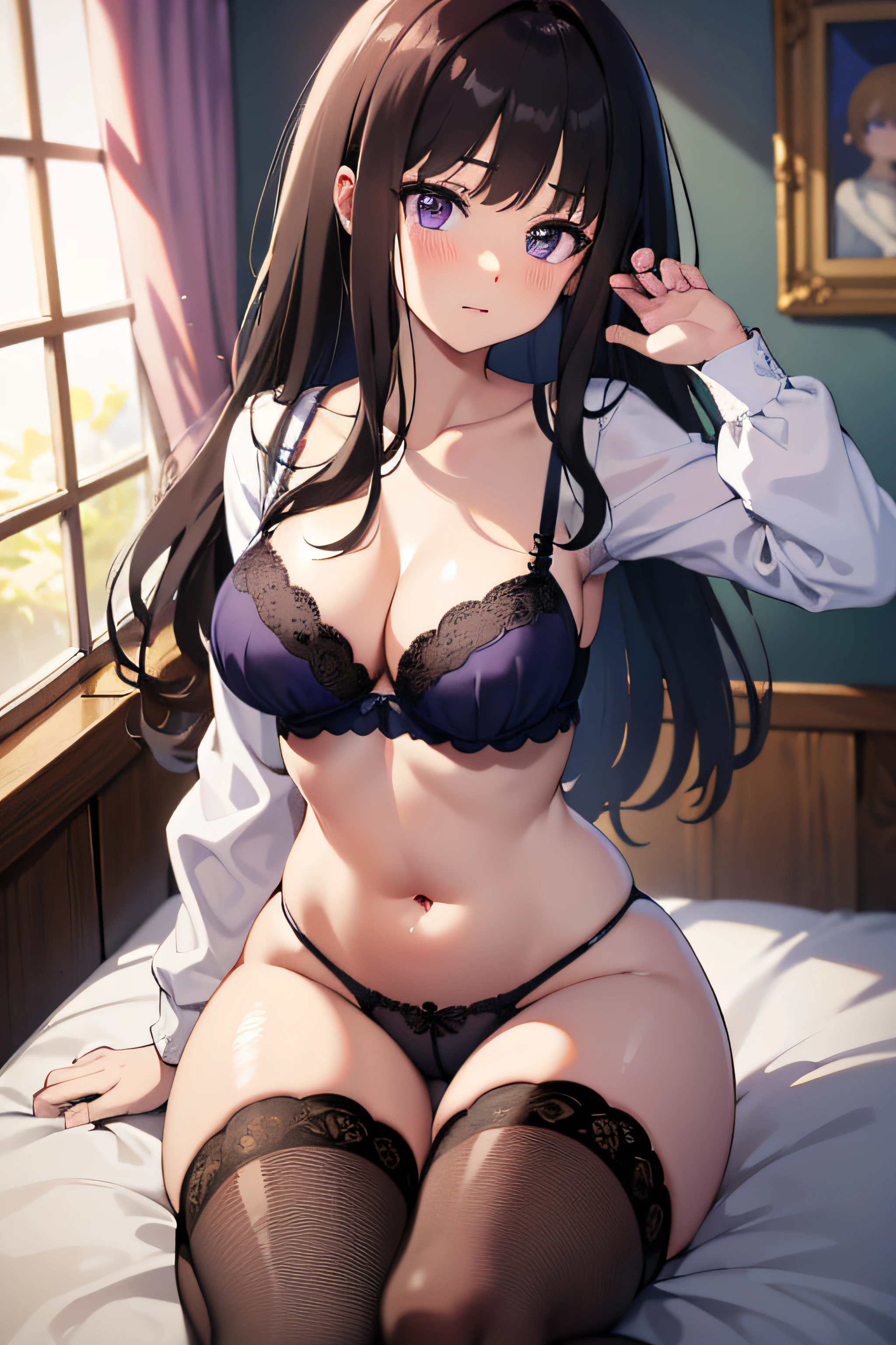 (masterpiece, best quality, highres, UHD, perfect pixel), Inoue Takina, Long hair, Bangs, Black hair, (Purple eyes:1.2), medium breasts, indoor, bedroom, dynamic pose, busty, perfect body, POV, blushing, cleavage, black bra, panties, white shirt, long sleeve, natural light