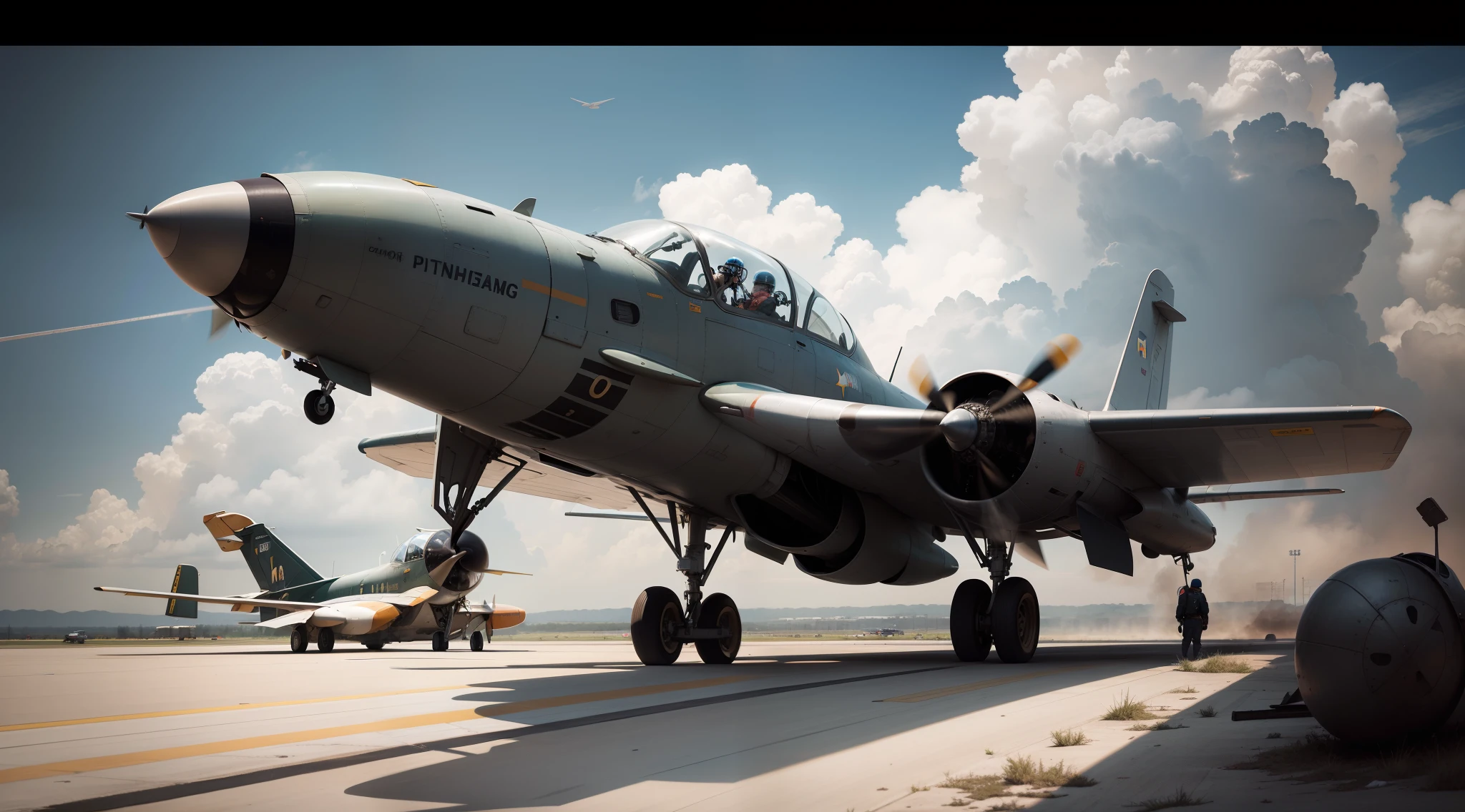 The pilot stands under the plane，Pilot's helmet in his hand，Wear a flight suit