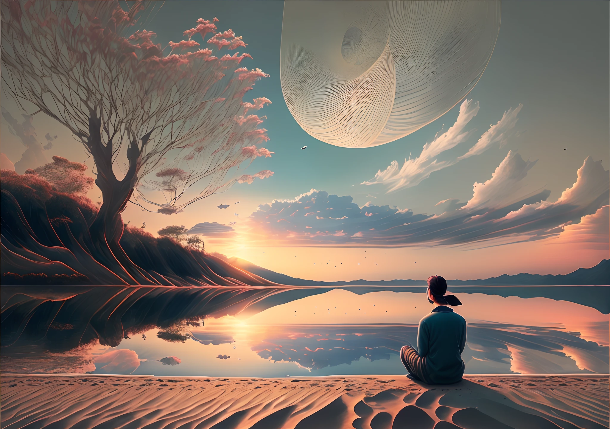 create image of a person looking at the horizon in a serene and peaceful setting --auto --s2