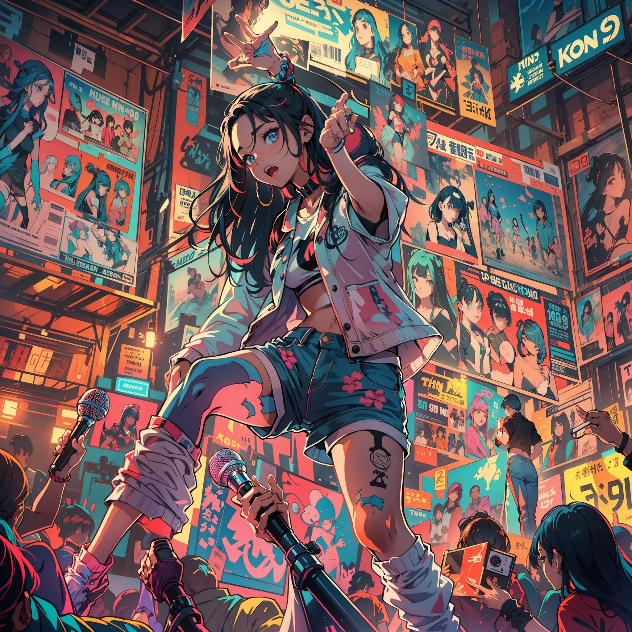 One Girl On Stage、((holding the mic))、(Super Detail)、(8K)、((Hip Hop Fashion))、(full body Esbian)、(Fashion of the 90s)、(Brilliant limbs)、(Delicately drawn figures)、(colorful lighting)、(Women's Fashion)、(Colorful and pop design)、(Around the back alley)、(Iconic art and posters of the 90s)、Female facial expressions、(the pose)、(Spirit of the times)
