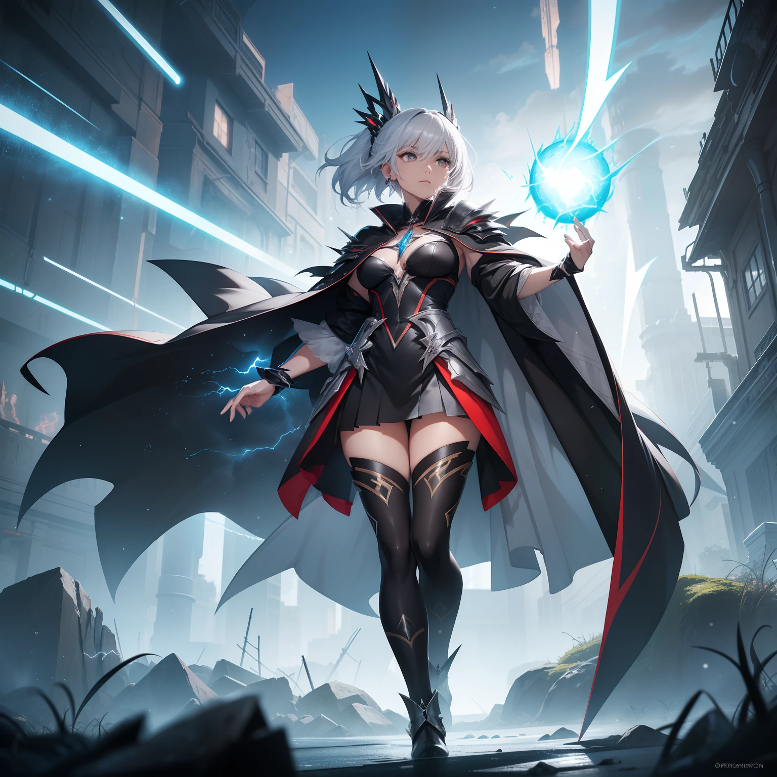 (masterpiece, best quality, photorealistic, cinematic), wide shot, full body, front view, anime girl, short silver spiky hair, ((anime girl is livitating on in the air with a glowing white ball in her hands)), ((floating glowing white particles in the air)), perfect hands, nice hands, seaside, sunset, artgerm and atey ghailan, electricity surround her, 2. 5 d cgi anime fantasy artwork, in the art style of mohrbacher, ((the thunder sorceress casting a thunderball)), artgerm and rossdraws, wreathed in electricity, rossdraws global illumination, thunder spell, clad in a regal, flowing robe woven with patterns resembling lightning bolts in shades of silver and gold, a billowing, asymmetrical cape of stormy gray complements her ensemble, adorned in a short-cut black outfit with accents of silver and red, woven into patterns resembling lightning bolts, accompanied by a billowing, asymmetrical stormy gray cloak