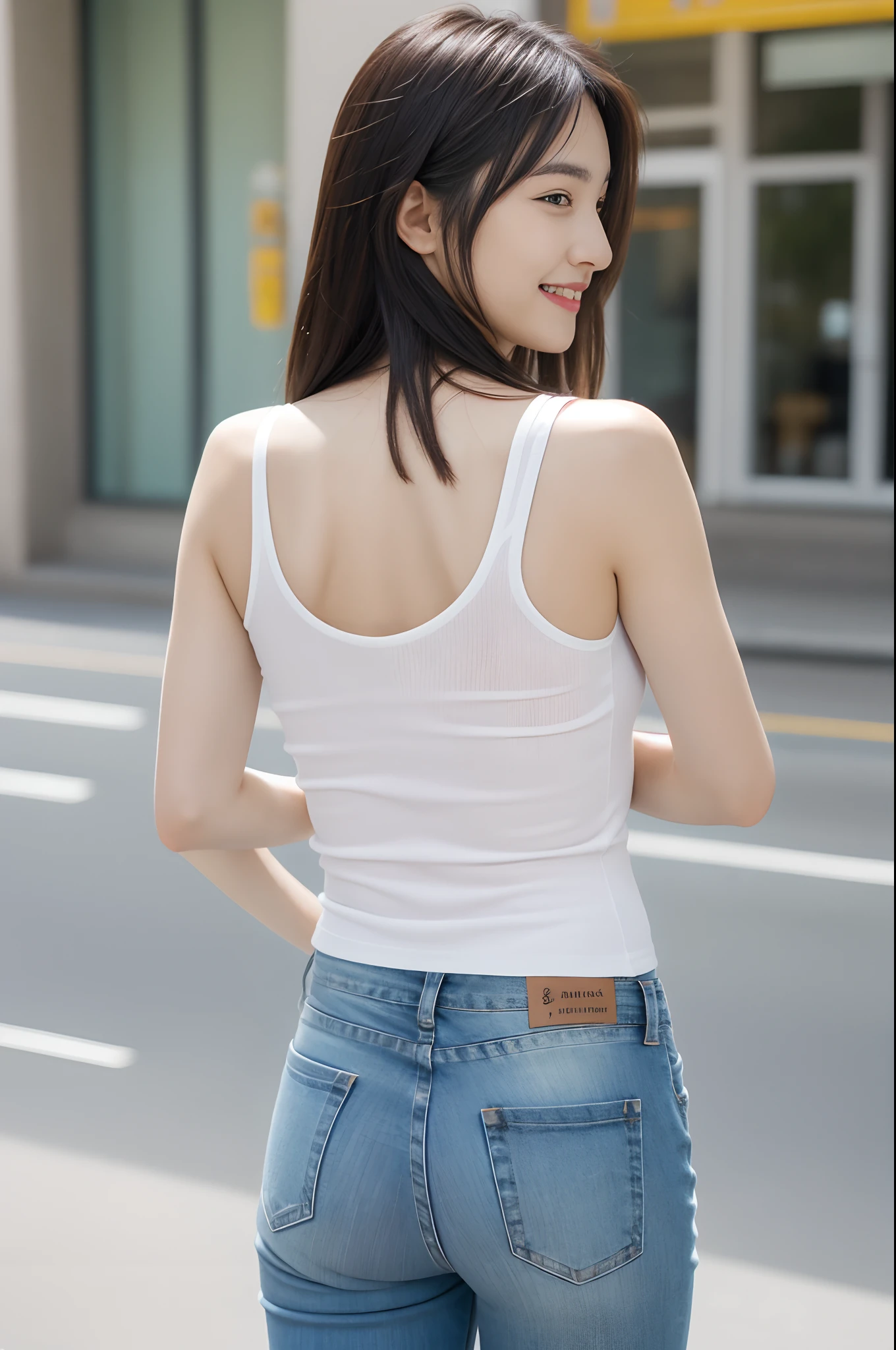 ((Best quality, 8K, Masterpiece :1.3)), Sharp focus :1.2, perfect figure beautiful woman:1.4, Slim abs:1.2, ((Layered Hair Style:1.2)), (Tank top shirt:1.1 ),skintight jeans，high-heels，full body shot shot， (the street:1.2), Highly detailed facial and skin texture, A detailed eye, 二重まぶた，Towering breasts，facing away from the audience，Smile back，Rounded buttocks