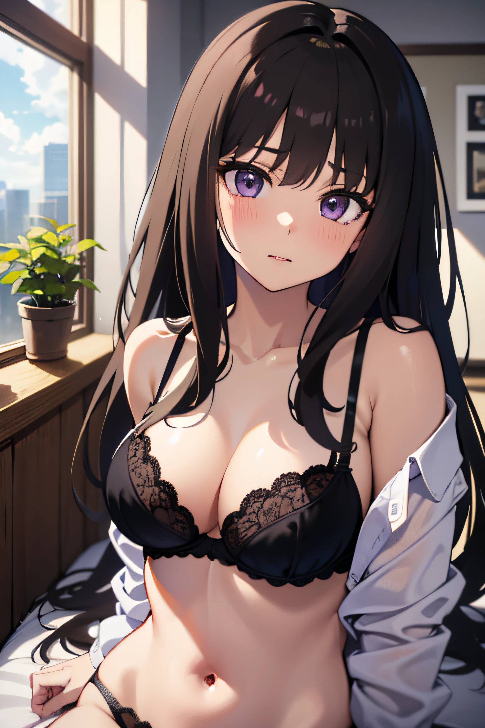 (masterpiece, best quality, highres, UHD, perfect pixel), Inoue Takina, Long hair, Bangs, Black hair, (Purple eyes:1.2), medium breasts, indoor, bedroom, dynamic pose, busty, perfect body, POV, blushing, (cleavage:0.8), black bra, panties, white shirt, long sleeve, natural light