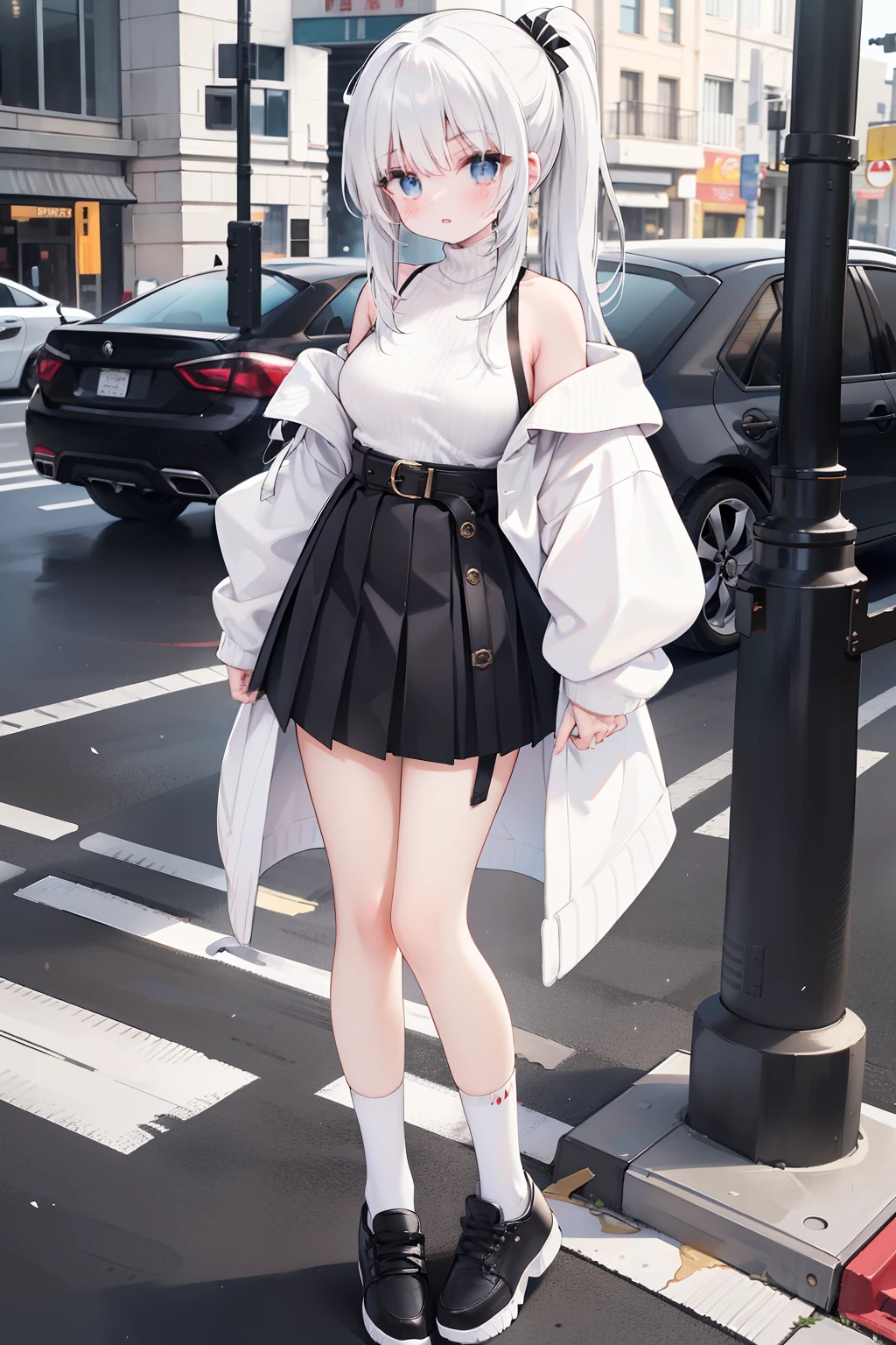 All over a girl standing on the street with double ponytail white hair tight long sleeves striped turtleneck brown short coat off-the-shoulder black high waist belt decoration pleated skirt high top canvas shoes white socks