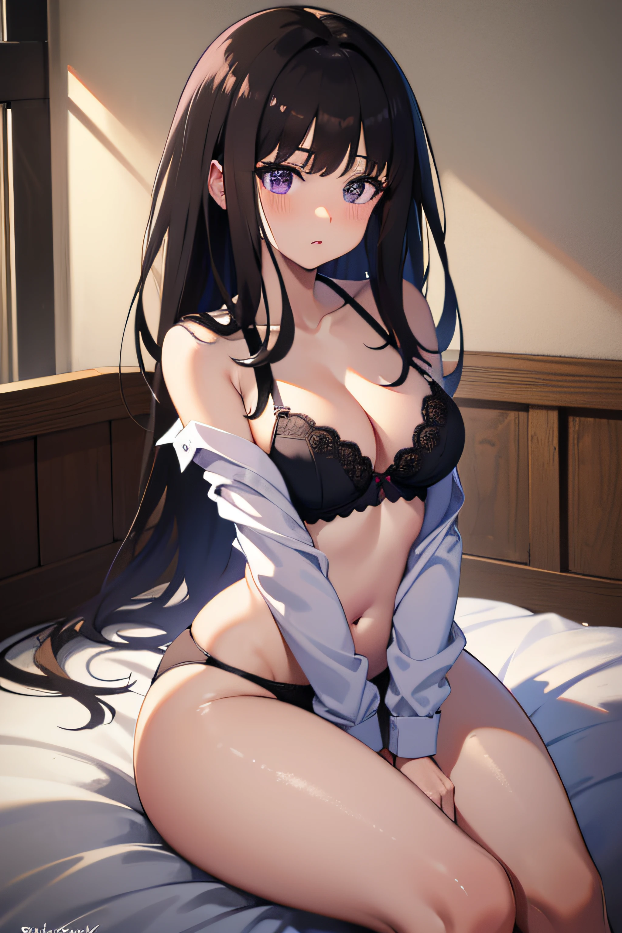 (masterpiece, best quality, highres, UHD, perfect pixel), Inoue Takina, Long hair, Bangs, Black hair, (Purple eyes:1.2), medium breasts, indoor, bedroom, dynamic pose, busty, perfect body, POV, blushing, (cleavage:0.8), black bra, panties, white shirt, long sleeve, natural light