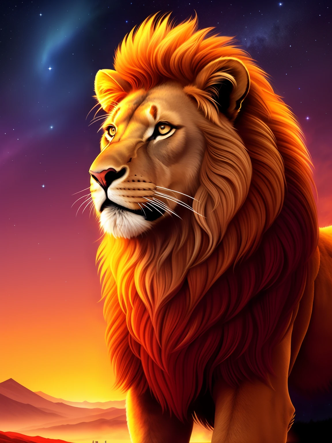 Imposing lion, cetro dourado, capa vermelha, cosmic gladiator, fundo aurora boreal universo