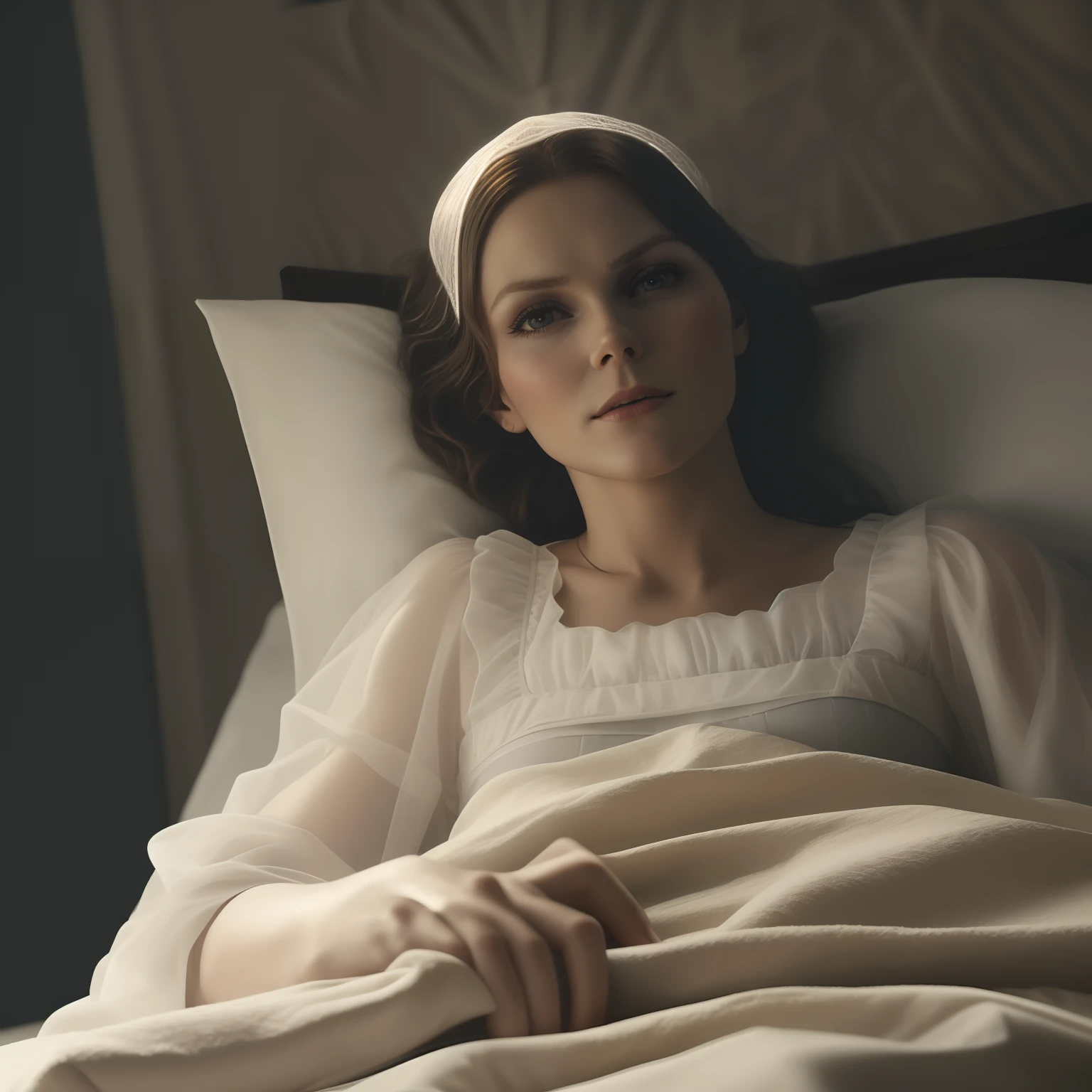 There is a woman lying on the bed with a white sheet, ainda do filme, um filme ainda, Ainda de L'Estate, still image from tv series, filme ainda de um cansado, Líbano Kirsten Dunst, ainda do filme, filme ainda dnd, Emma, dramatic movie still, fim ainda, TV ainda, filme ainda, filme promocional ainda, ainda do filme