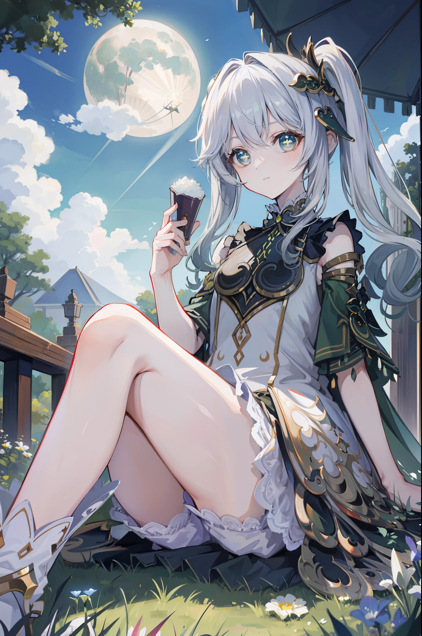 Royal sister style,Erlang legs,lawns,rays of moonlight,Sat down,haughty,ellegance,Cross-eyed,Star eyes,No artifacts,the night,themoon,movie picture quality,Movie lighting,NOWAI,starrysky