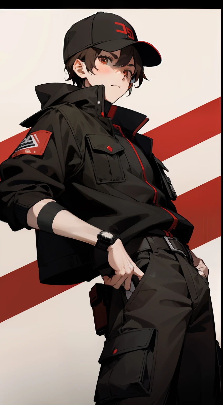 1boy, teen, brown hair, brown eye colour, black jacket with red strip line, grey cargo pants, black smartwatch, black red and white baseball cap, anime style ((masterpiece)) 4k
