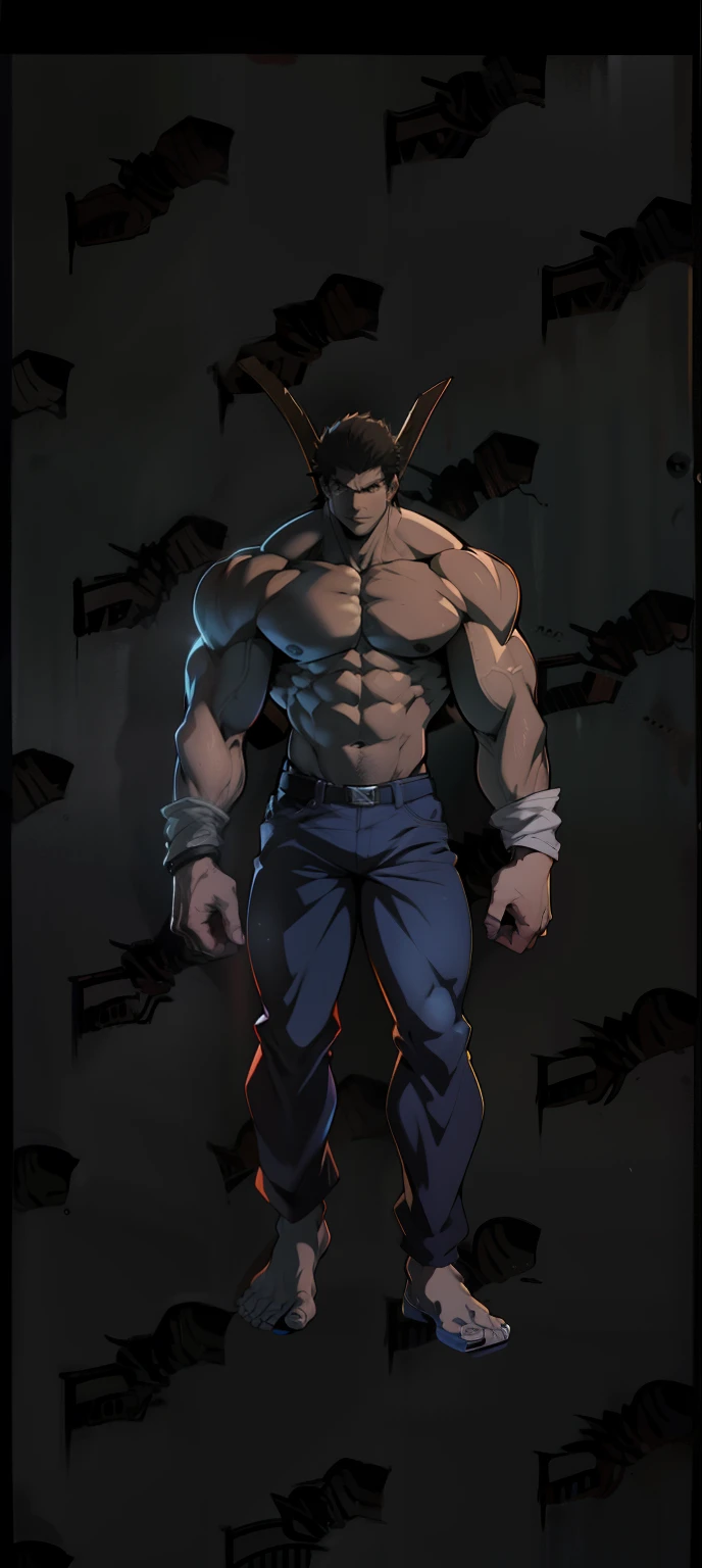 Gere uma imagem arte de anime  de um monstro grande , muscular he has dark skin , muito amedrontador, a imagem tem que ser estilo anime