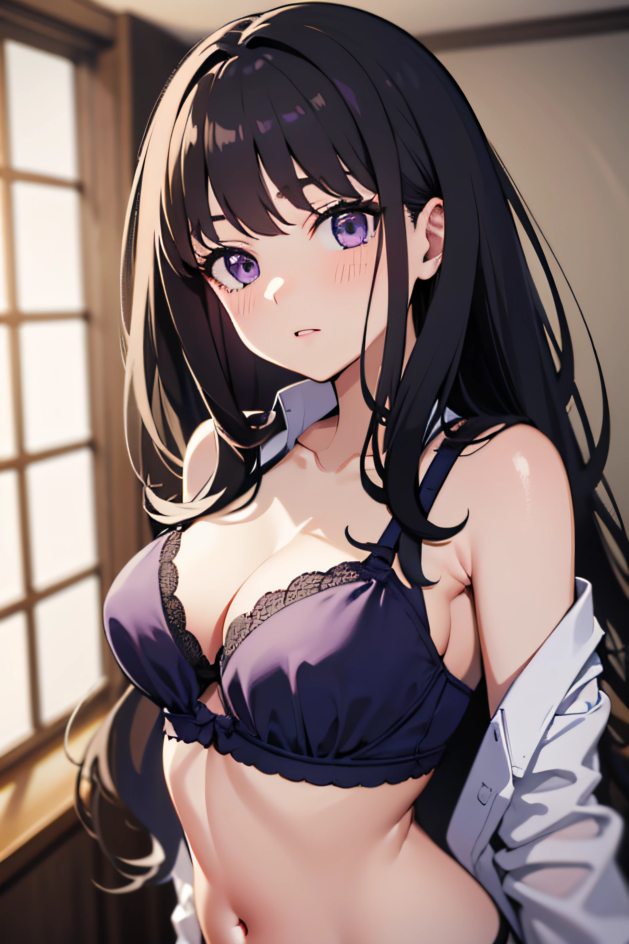 (masterpiece, best quality, highres, UHD, perfect pixel), Inoue Takina, Long hair, Bangs, Black hair, (Purple eyes:1.2), medium breasts, indoor, bedroom, dynamic pose, busty, perfect body, POV, blushing, (cleavage:0.8), black bra, panties, white shirt, long sleeve, natural light