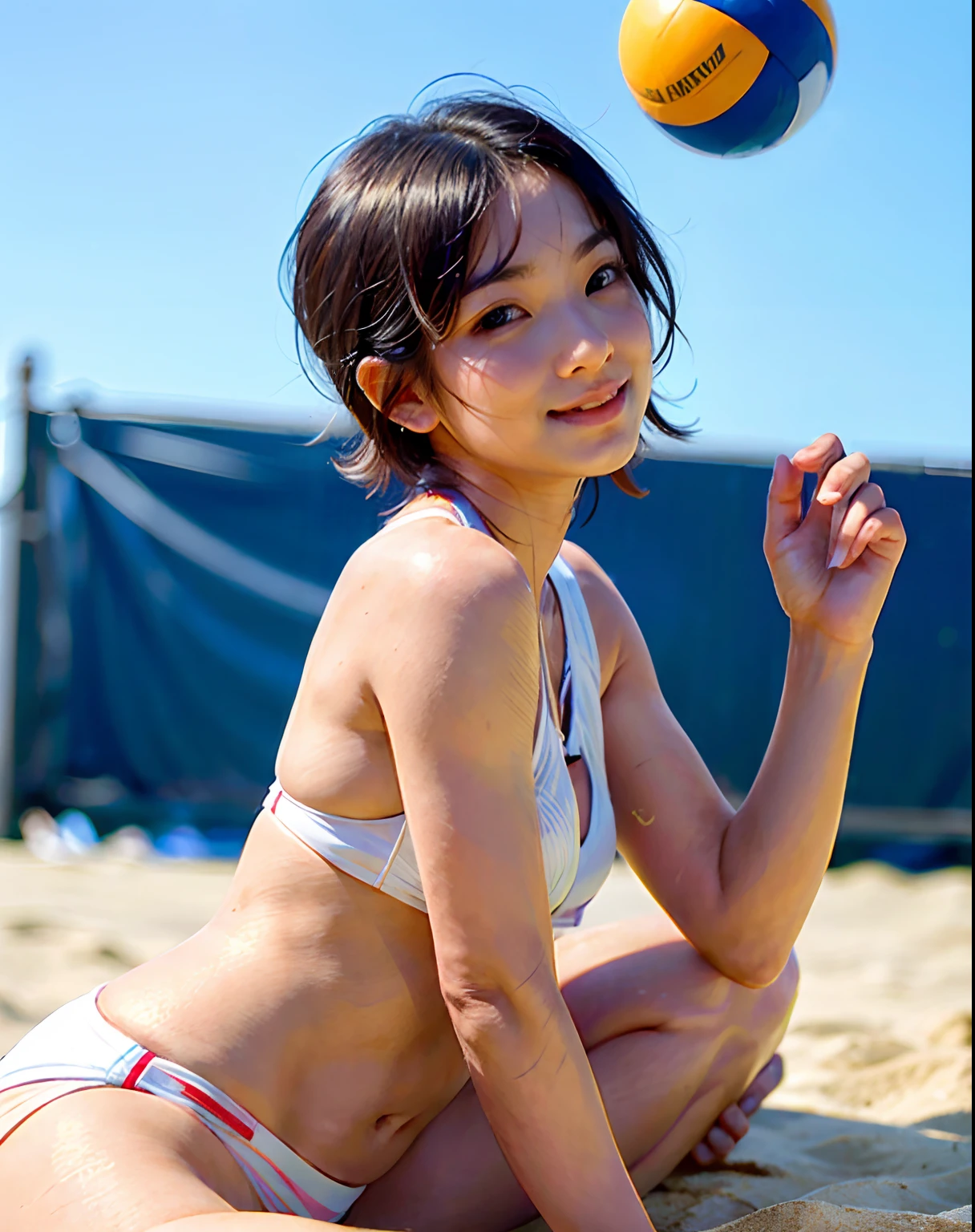 ((masterpiece、top-quality、in 8K))Full body depiction、Black hair color、short-cut、Sexy and cute 23 year old woman、Woman with heavy makeup、Nipple protrusions、Nipple potch、Very sexy ass、very large thighs、Very small T-back、T back、Full body depiction、a smile、Medium chest、Beach volleyball uniforms、Beach volleyball court on the sand、Highly detailed facial and skin texture、A detailed eye、二重まぶた、A slight smil、Bokeh