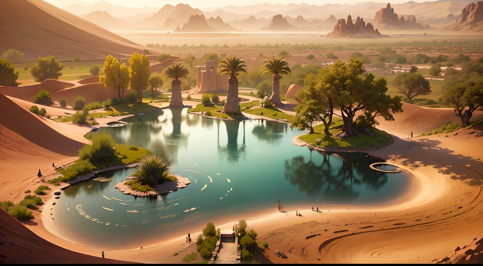 super wide shot，Vast desert，A legendary desert oasis，Sunset，Heart-shaped lake，(zoomout:1.2)，(Greenery:1.2)，The fountain，Fantasy mirage，Surrealist landscape style，national geographicphoto，Hasselblad high detail，cinmatic lighting，reflective light，atmosphric perspective，in a panoramic view，f / 4.0，Nikon，hyper HD，Hyper-detailing，best qualtiy，8K，Fantastic design, Best quality, Very detailed, Masterpiece, movie light effect, 8K，epic fantasy digital art，Epic fantasy art style, high definition resolution，Detailed detail drawing，Photorealistic，Super realistic