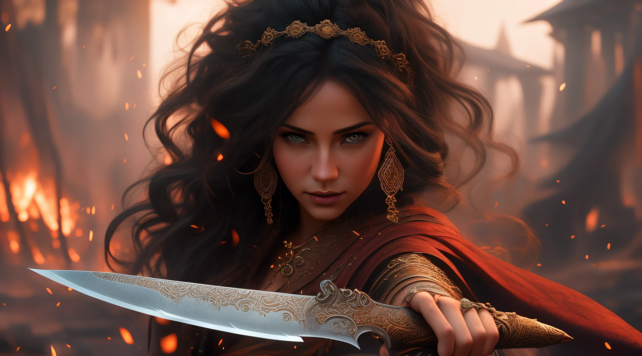 there is a woman with a knife in her hand and a fire in the background, epic fantasy digital art style, epic fantasy art style, epic fantasy art style hd, 8k high quality detailed art, 4k highly detailed digital art, epic digital art illustration, stunning digital illustration, epic fantasy style art, deviantart artstation cgscosiety, warrior princess