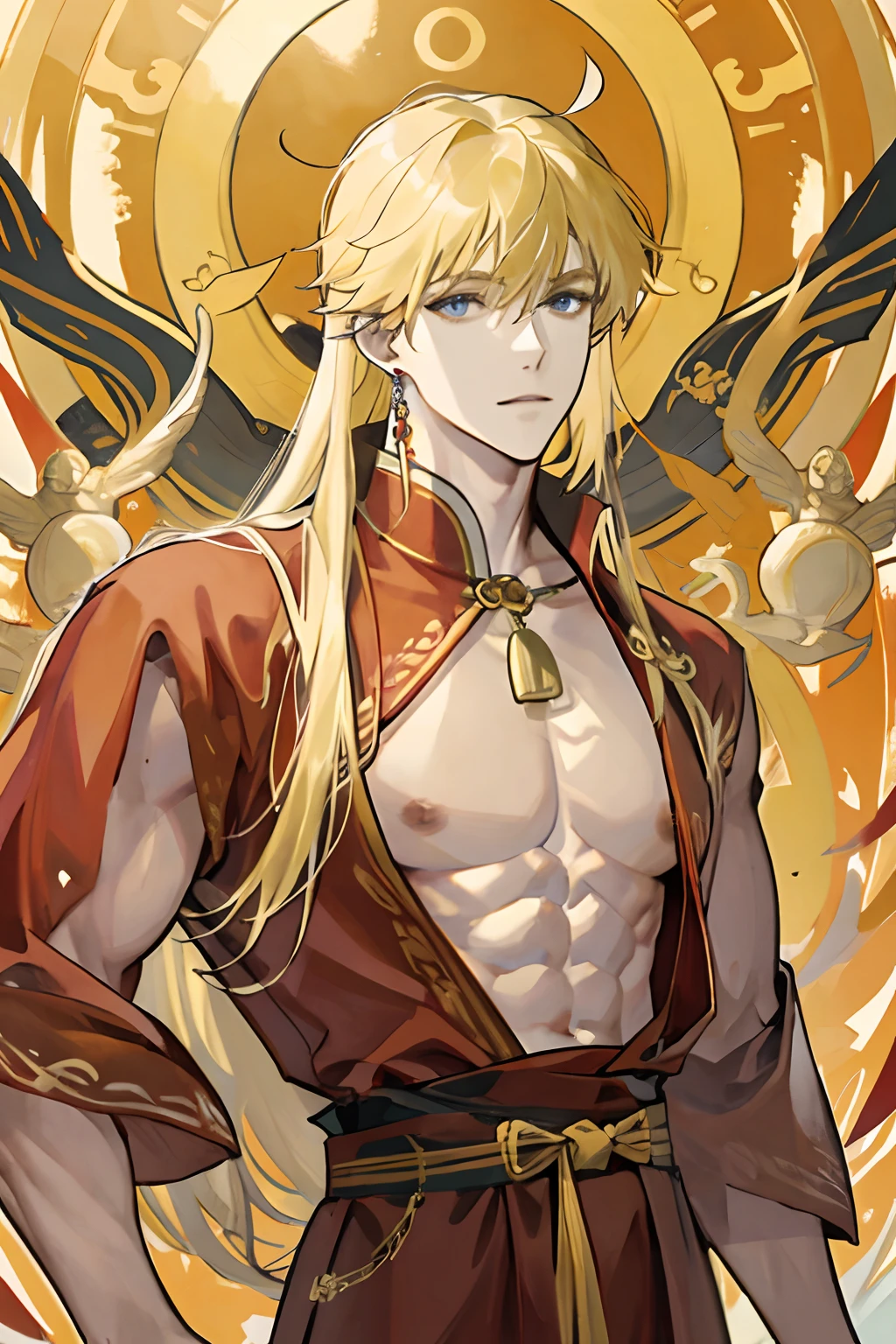 A male succubus，Has waist-length blond hair，Braided into long braids。You have red eyes，You have full、Light lips。 Your torso looks slightly masculine，Have a well-proportioned and muscular body， You have a pair of D cup breasts。On each pointed breast，There is a light-colored lip nipple，Huge size，Surrounded by a huge circular areola。Your nipples are slightly bulging，Extra plump and fleshy。 You have a pair of giant feathered demon wings，Covered with black glossy feathers。 A pointy brown devil tail。