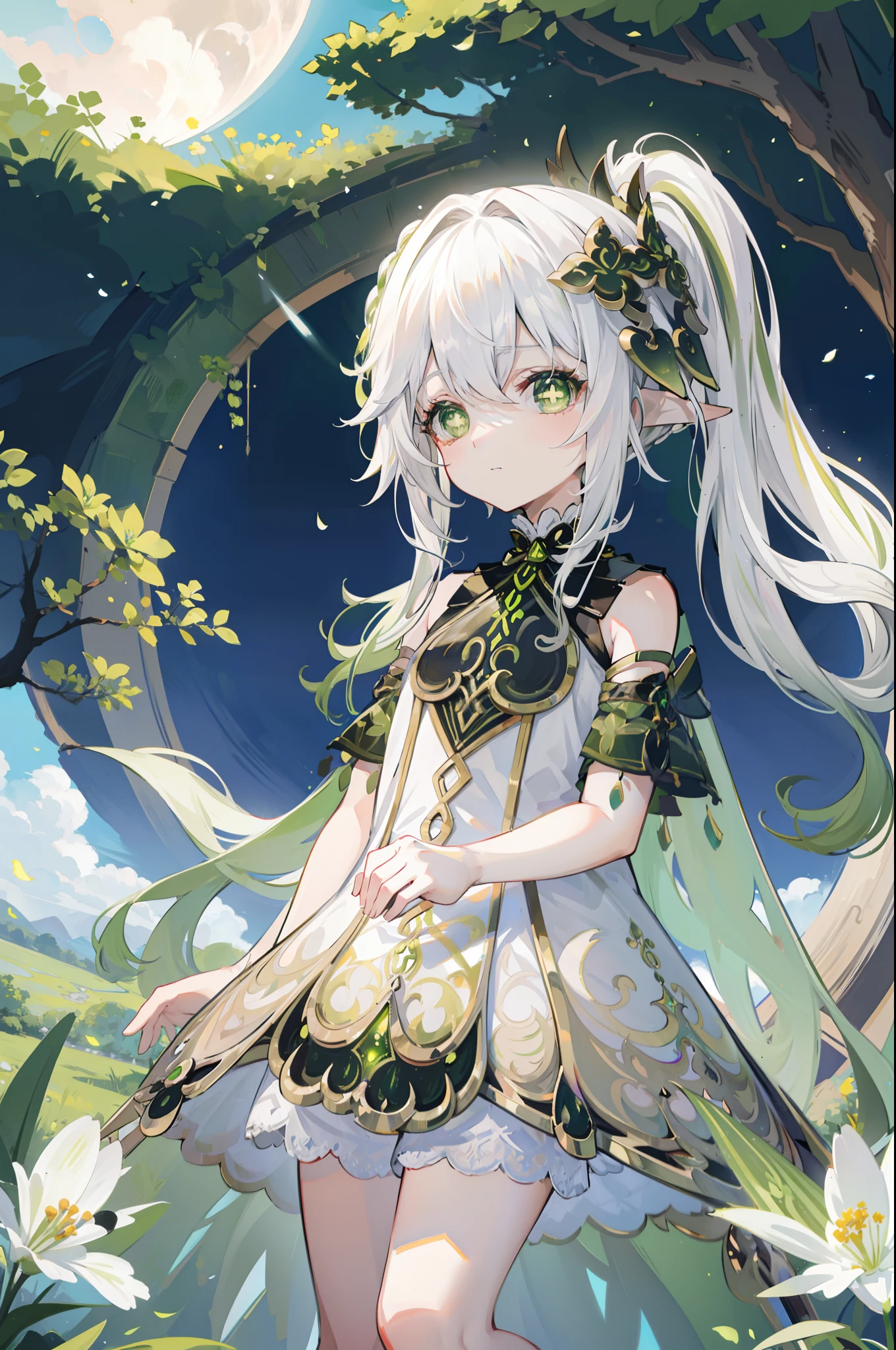 Nahida_Genshin,(White hair),cross-shaped pupils,default_dress,Green cape,simplebackground,themoon,The breath of life,green color,grassy fields,The breath of life,Gentle and powerful divinity,A sense of majesty