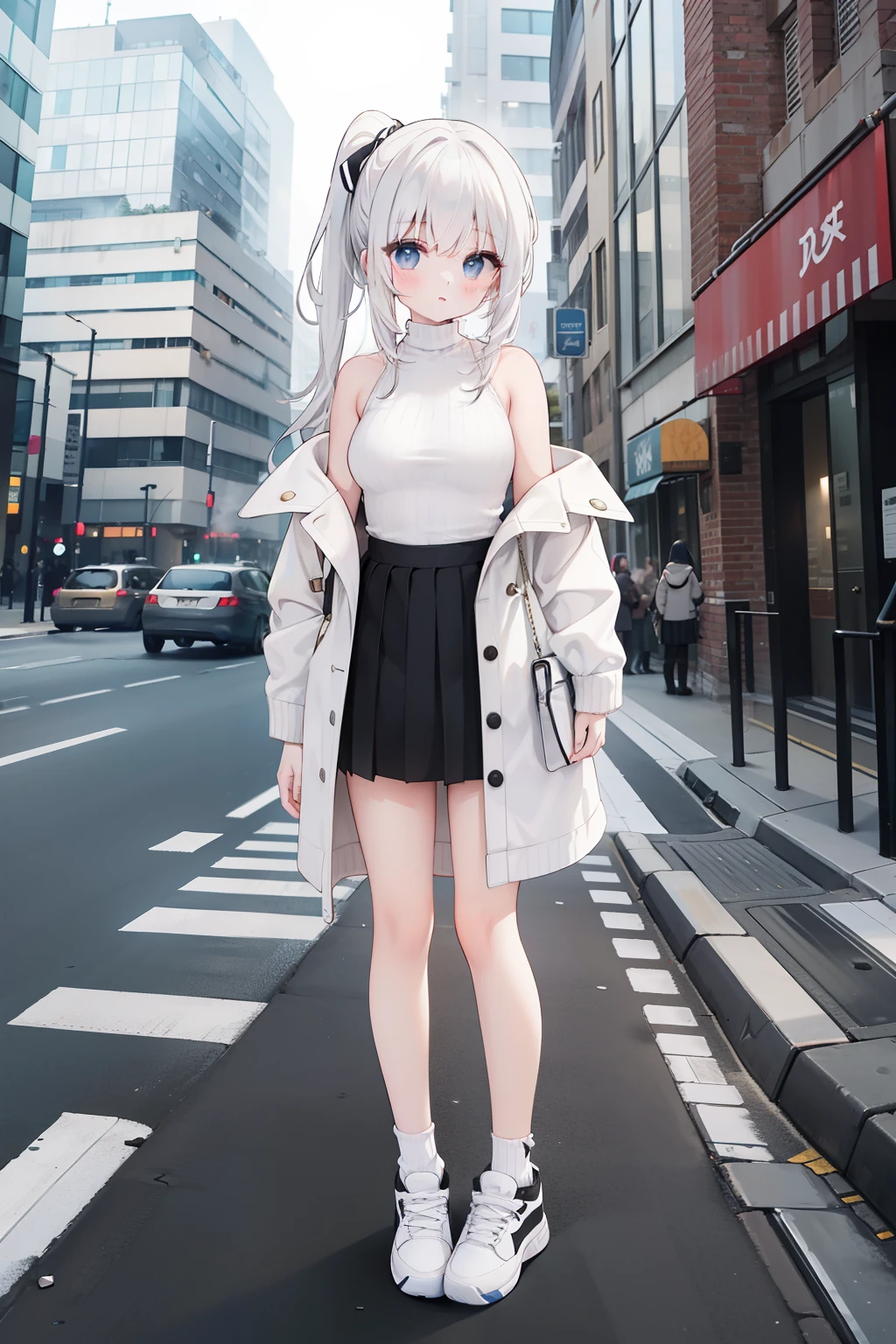 Whole body a girl standing on the street with double ponytail, white hair, tight striped turtleneck, brown short coat, off-the-shoulder black high-rise pleated skirt, high-top canvas shoes, white socks