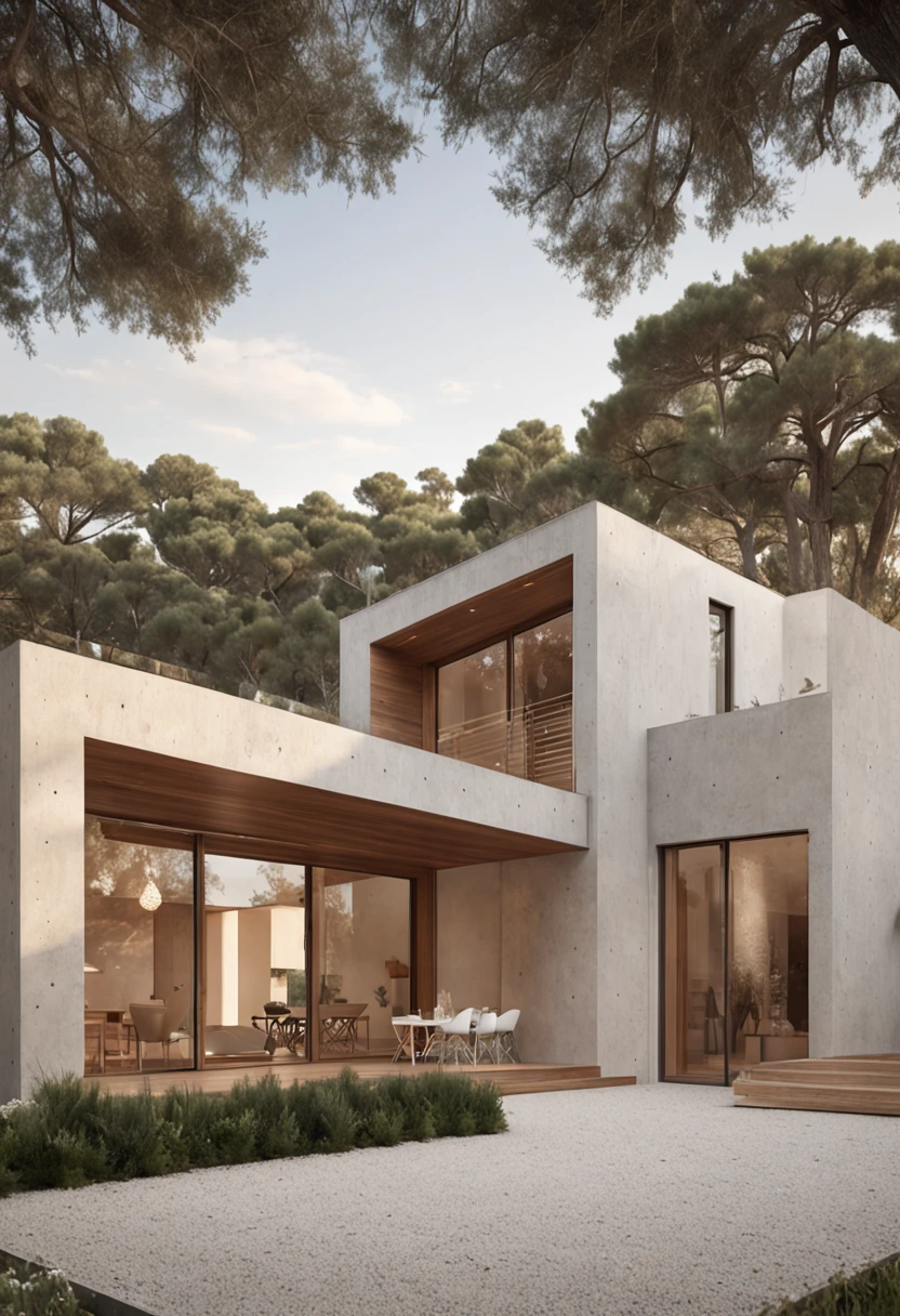 hyper realistic vray render, interior view, 35mm focal length, a contemporary villa made from with concrete and wood planks, with a pitched roof and refined architectural details, spanish style, construction with modern furniture, hidden in a spanish forest, minimal spanish design and architecture, warm misty atmosphere