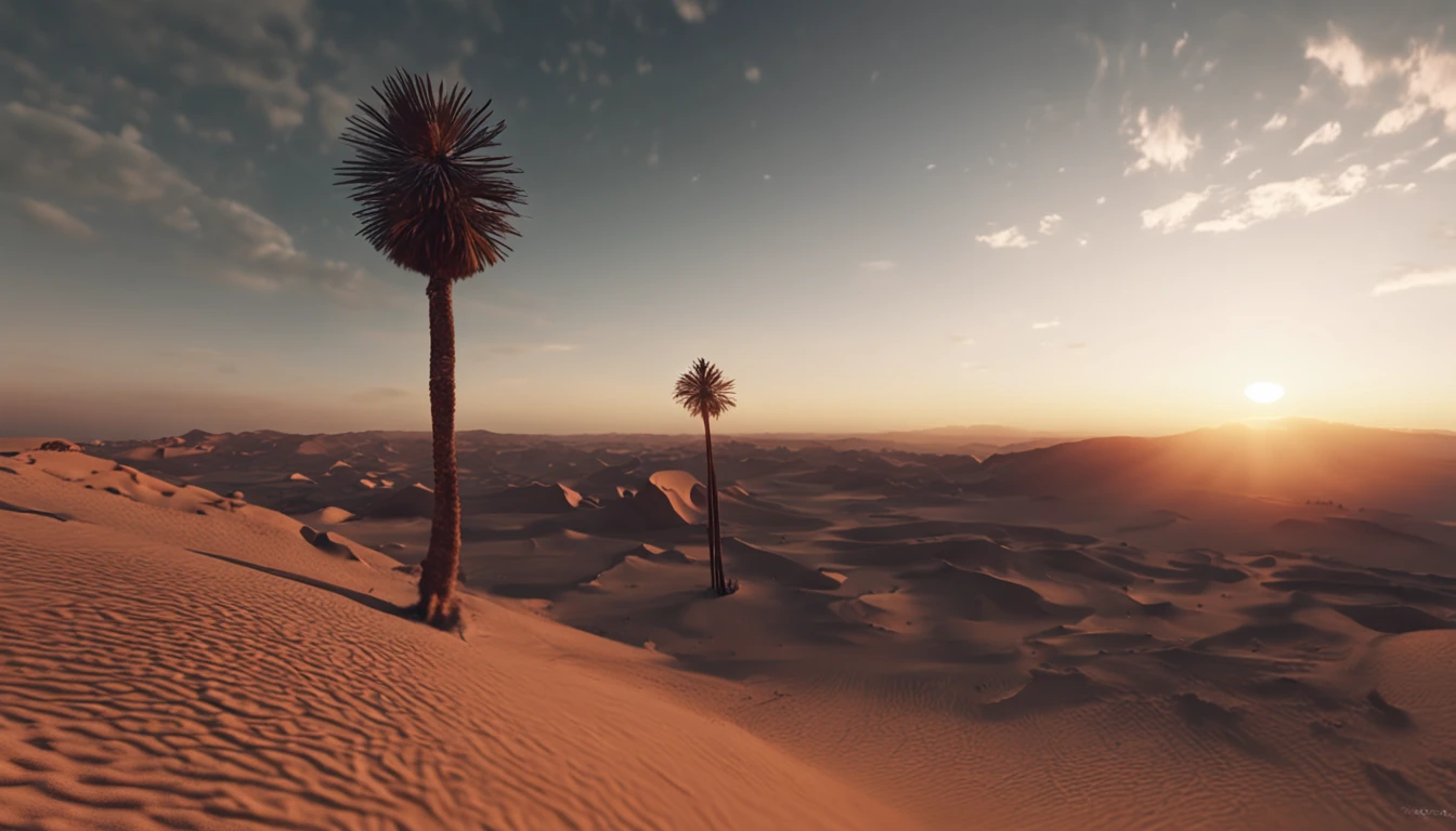Cinematic images，Hyper-realistic，Ultra-wide viewing angle，eventide，the setting sun，siluette，Vast desert，camelstoe，oases，废墟，Faraway view，super-fine，Detailed pubic hair，stereoscopic perspective，Works of masters，detail in face，super-fine，16K resolution，high qulity，电影灯光，High picture detail，dynamic viewing angle，Detailed pubic hair，Epic shooting，oc rendered