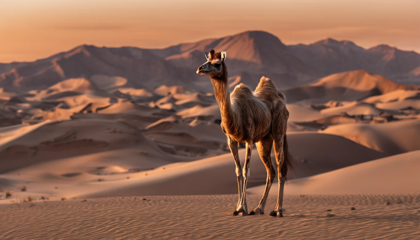 Cinematic images，Hyper-realistic，Ultra-wide viewing angle，eventide，the setting sun，siluette，Vast desert，camelstoe，oases，废墟，Faraway view，super-fine，Detailed pubic hair，stereoscopic perspective，Works of masters，detail in face，super-fine，16K resolution，high qulity，电影灯光，High picture detail，dynamic viewing angle，Detailed pubic hair，Epic shooting，oc rendered