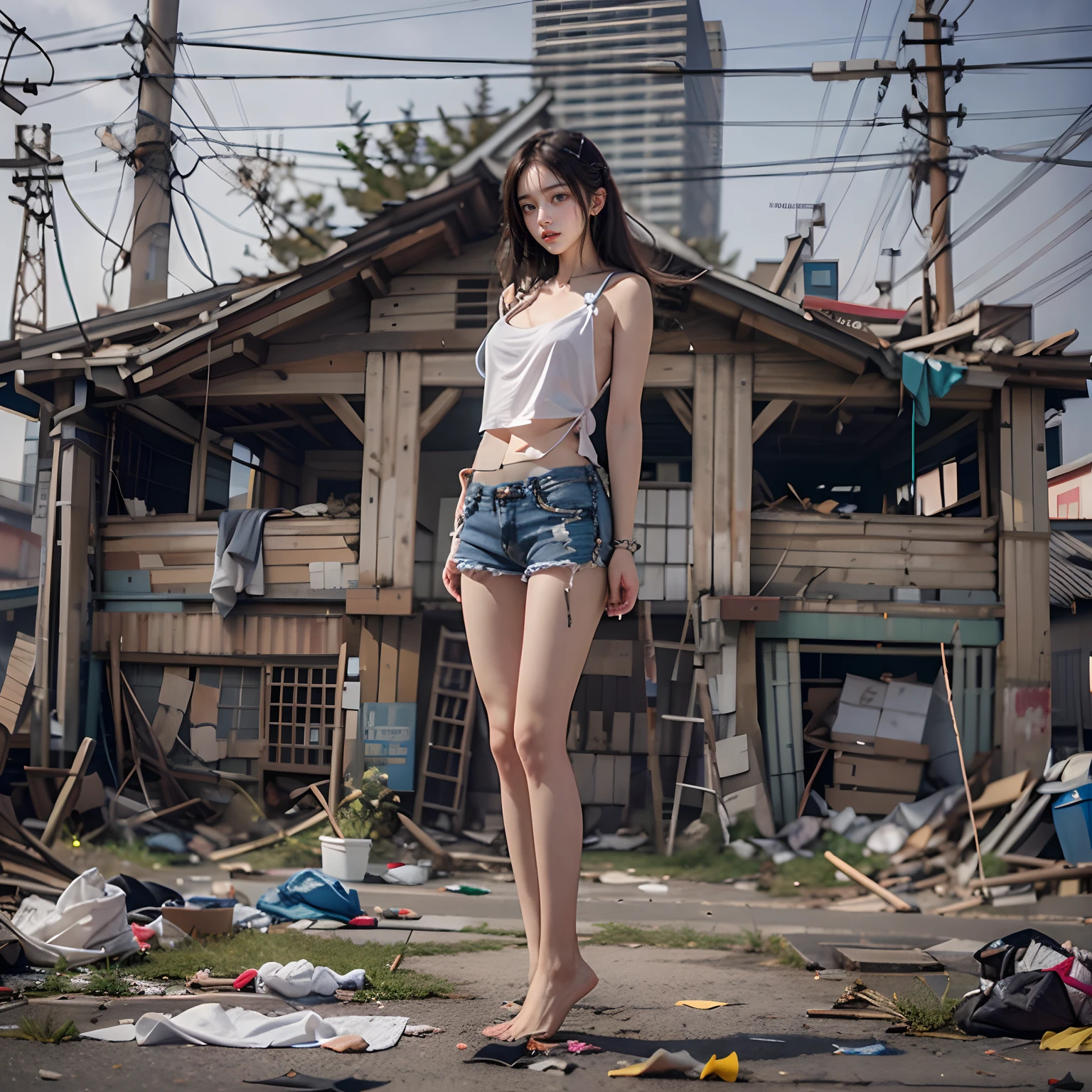 Garbage heaps, slums, many, many men, people coming and going, crowds, best quality, full body portrait (1:1), delicate face, 18 year old girl, slim body, skinny, smaller bust, white transparent bikini, looming, panties to crotch, barefoot, garbage, sweat, dirty