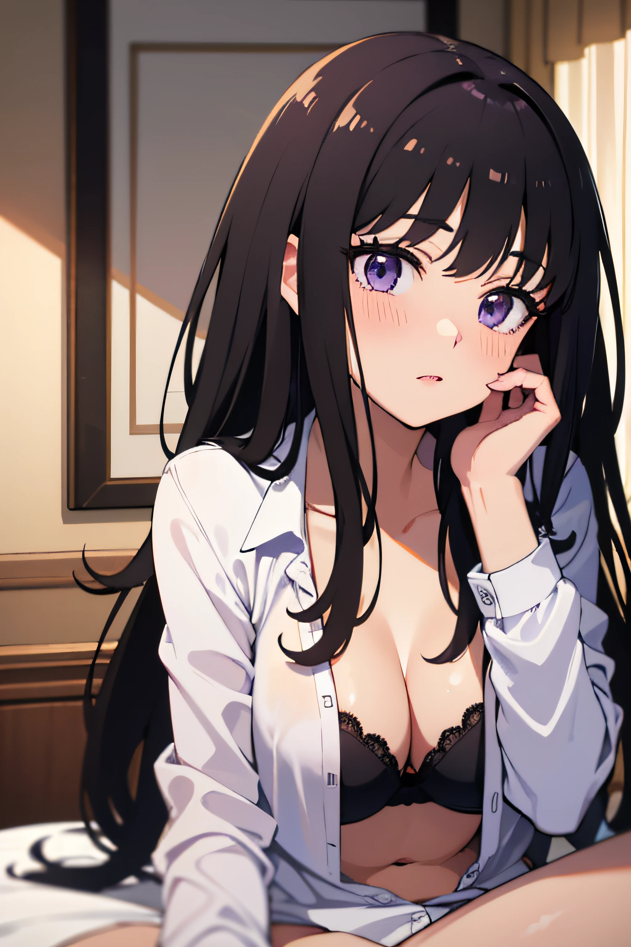 (masterpiece, best quality, highres, UHD, perfect pixel), Inoue Takina, Long hair, Bangs, Black hair, (Purple eyes:1.2), medium breasts, indoor, bedroom, dynamic pose, busty, perfect body, POV, blushing, (cleavage:0.8), black bra, panties, white shirt, open shirt, long sleeve, natural light